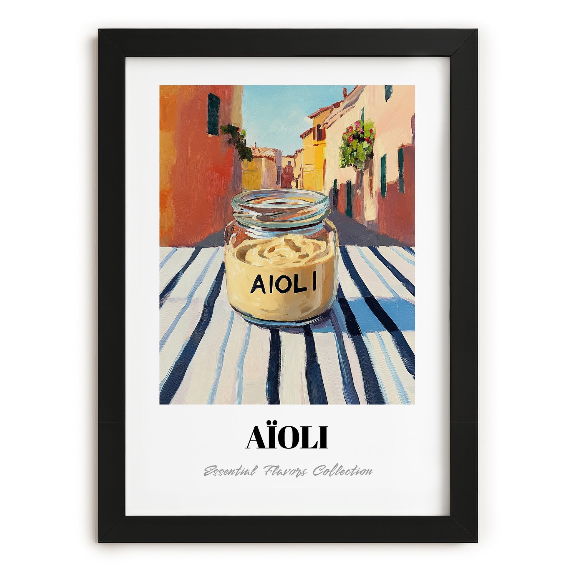 Aioli – Italian Outdoor Café Scene, Grocery Wall Decor, in sleek black frame