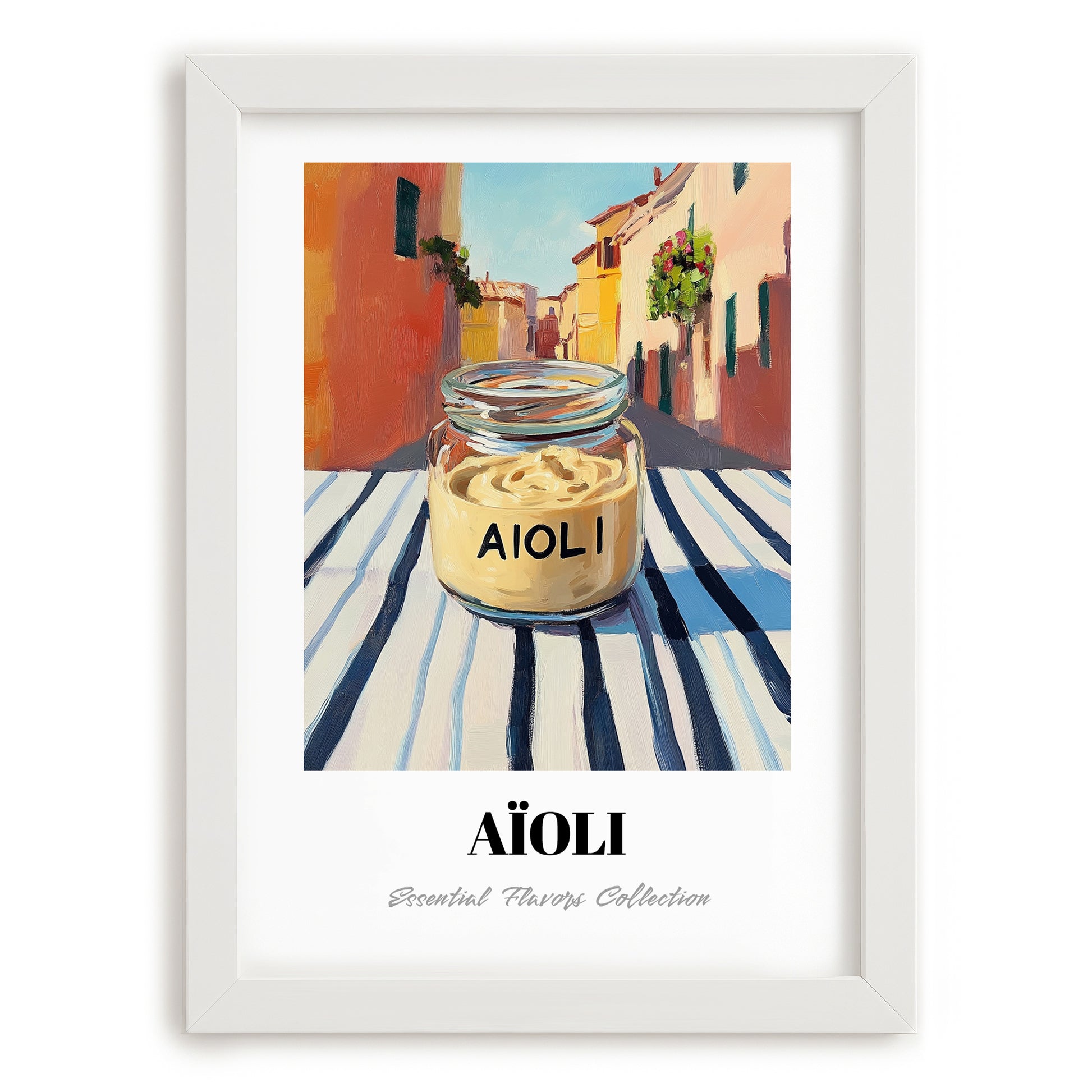 Aioli – Italian Outdoor Café Scene, Grocery Wall Decor, placed in minimal white frame