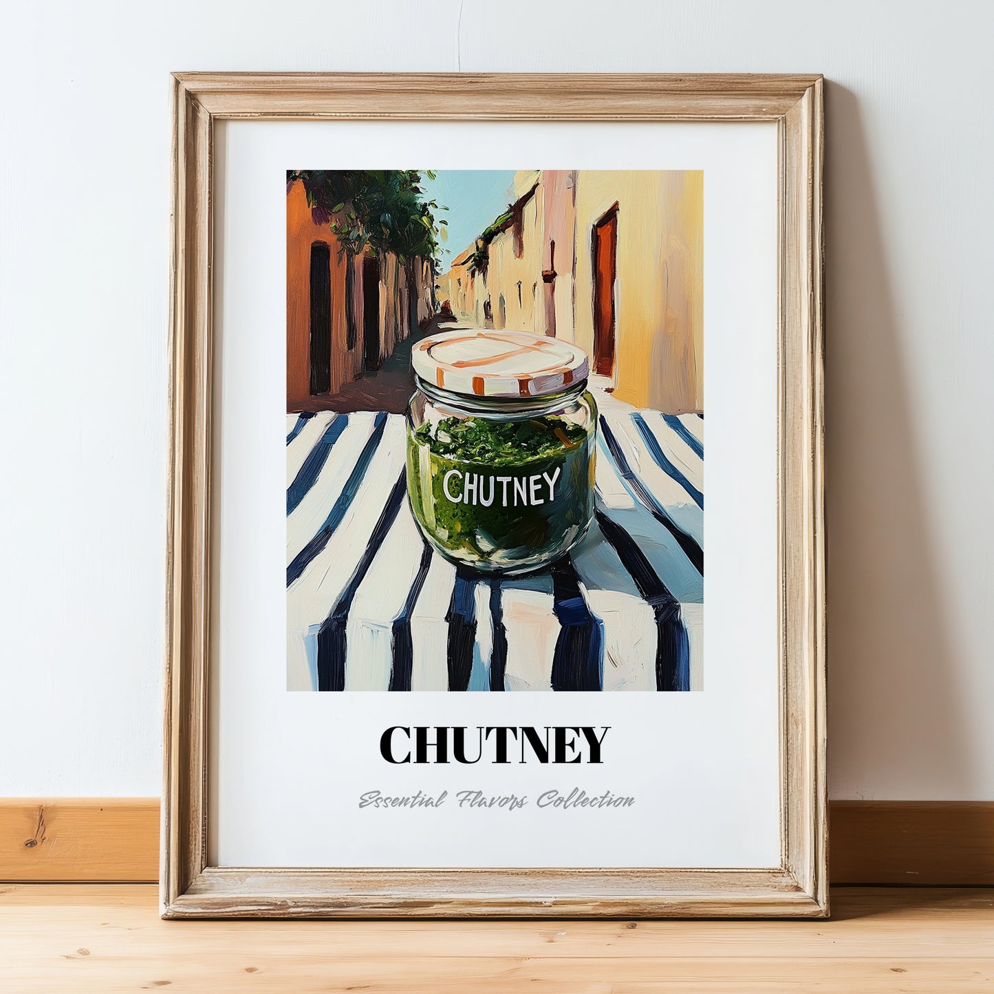 Chutney – Italian Café on the Corner, Food Shelf Illustration, in wooden frame leaning on the floor