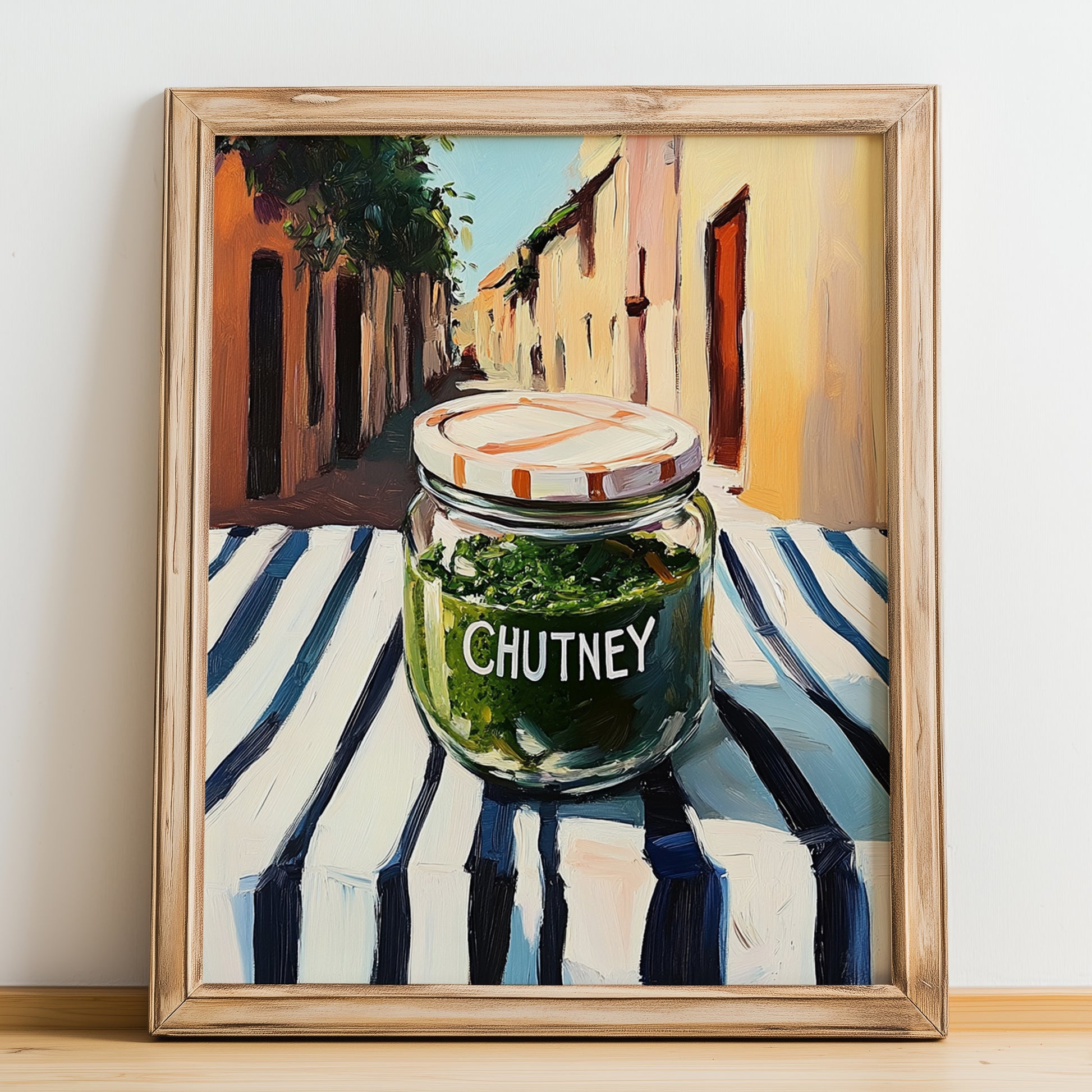 Chutney – Italian Café on the Corner, Food Shelf Illustration, no-text version framed in wood