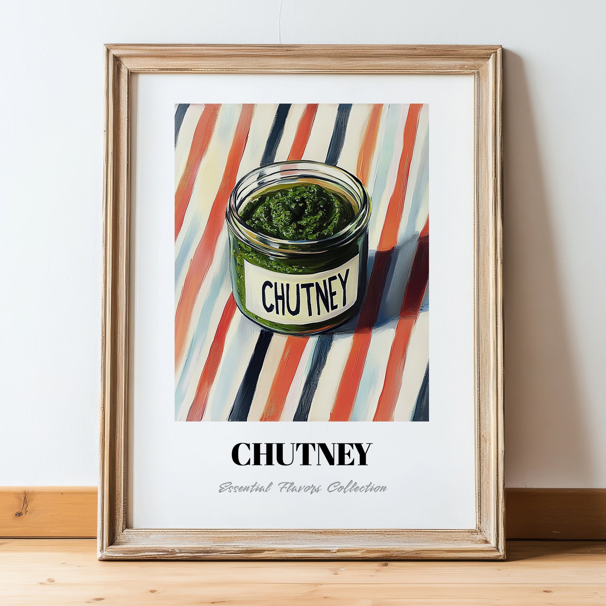 Chutney – on Striped Tablecloth, Dry Goods Still Life, in wooden frame leaning on the floor