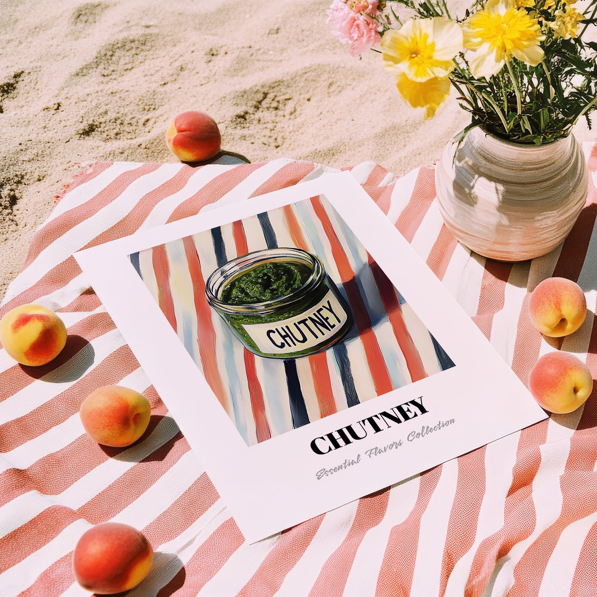 Chutney – on Striped Tablecloth, Dry Goods Still Life, unframed on coastal sand