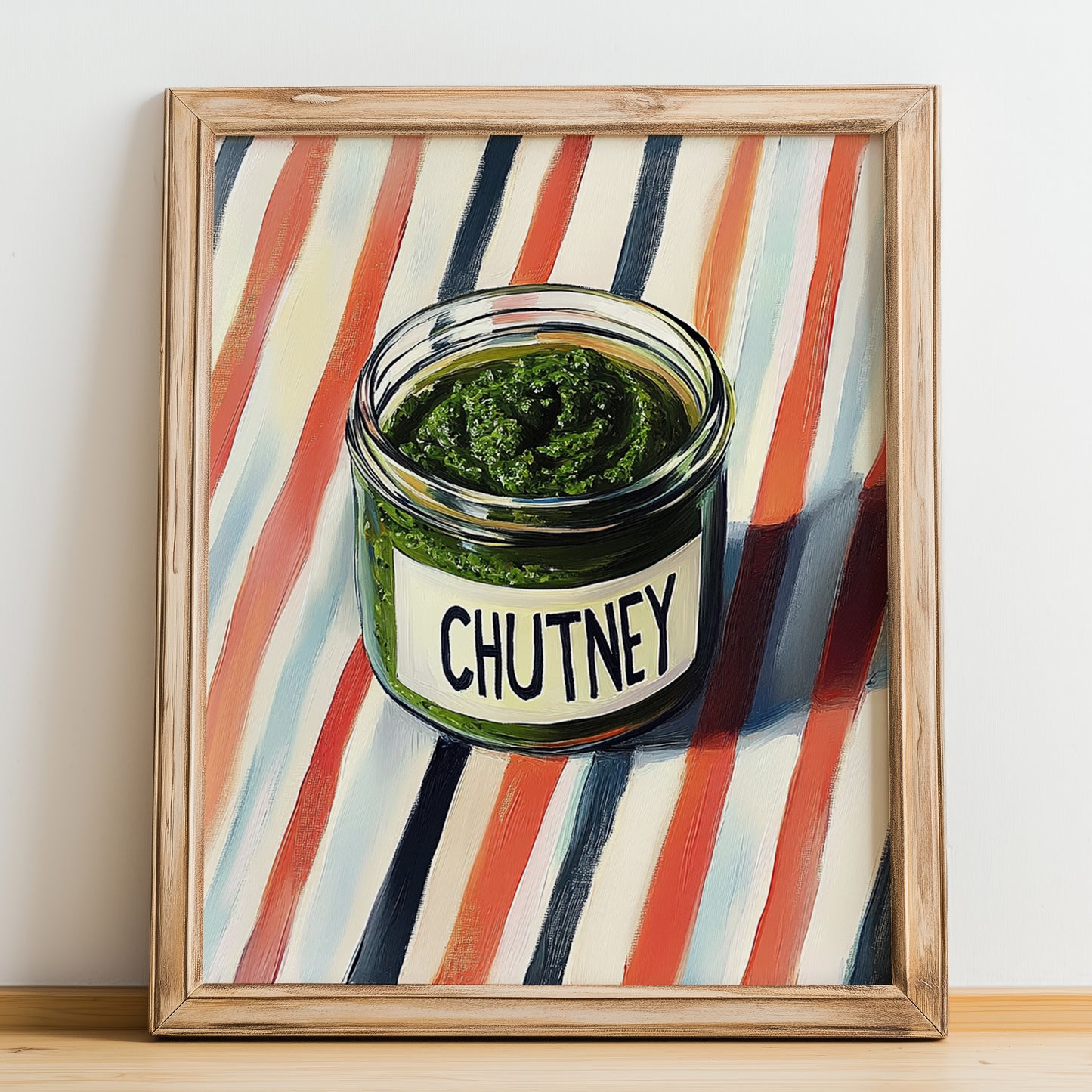 Chutney – on Striped Tablecloth, Dry Goods Still Life, no-text version framed in wood