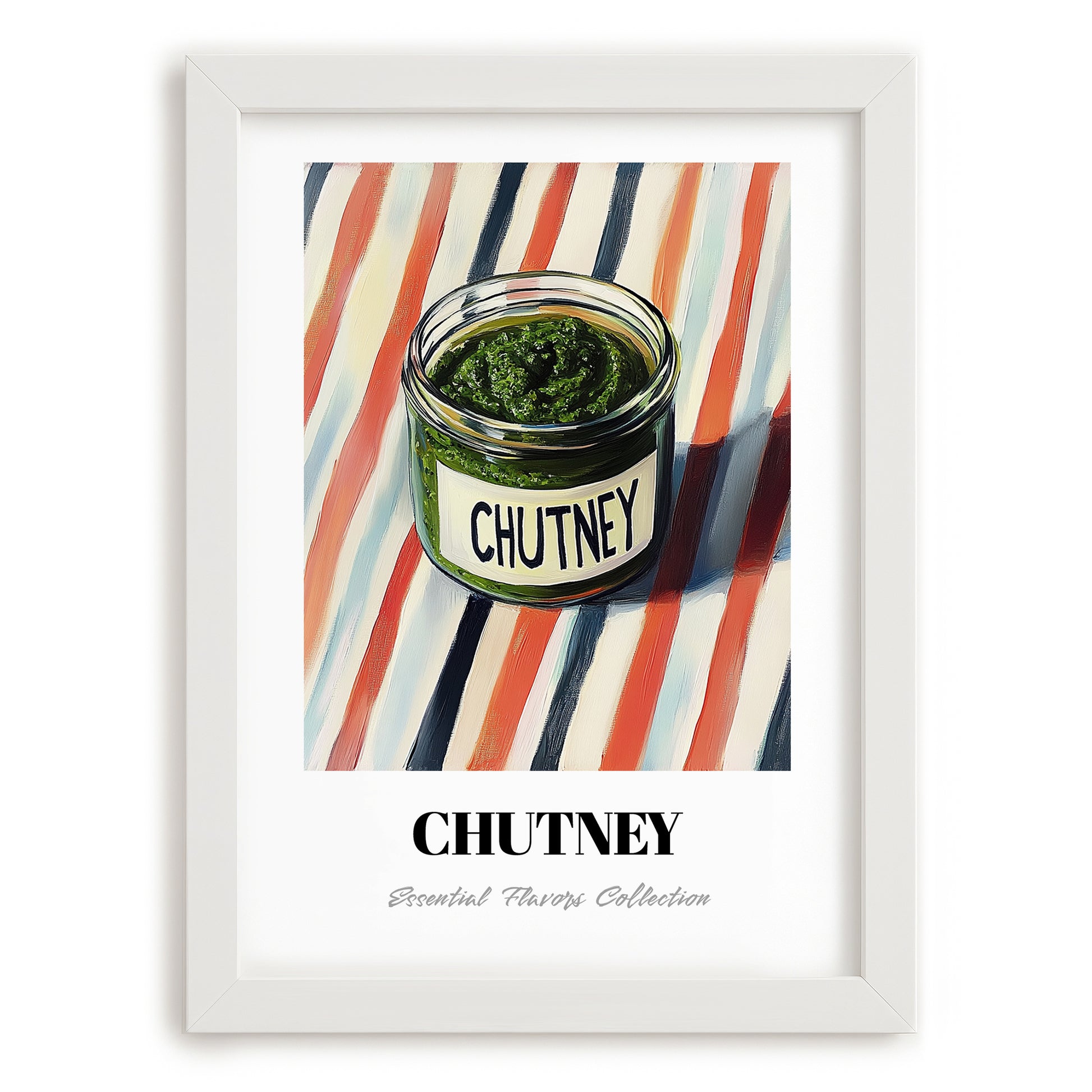 Chutney – on Striped Tablecloth, Dry Goods Still Life, placed in minimal white frame