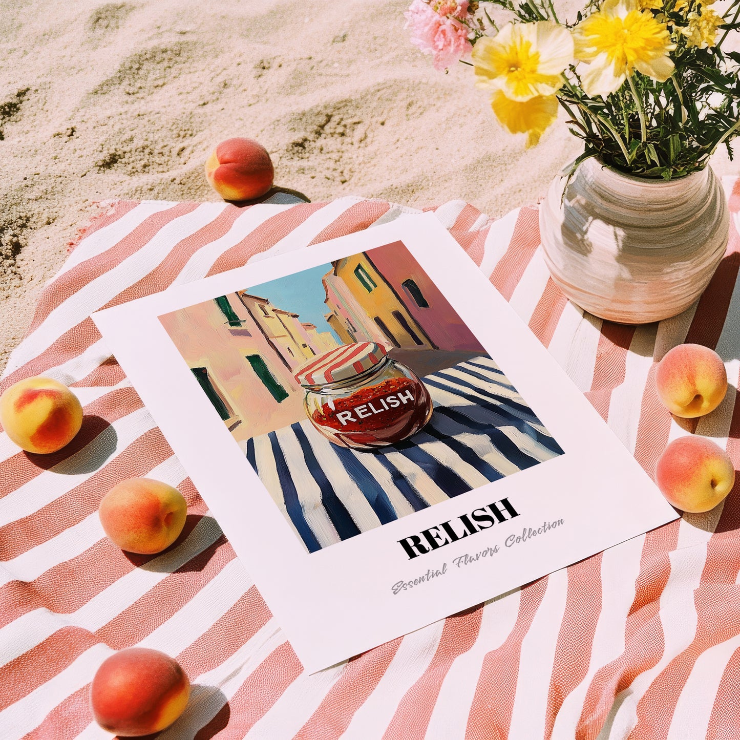 Relish – Italian Outdoor Café Scene, Grocery Still Life, unframed on coastal sand