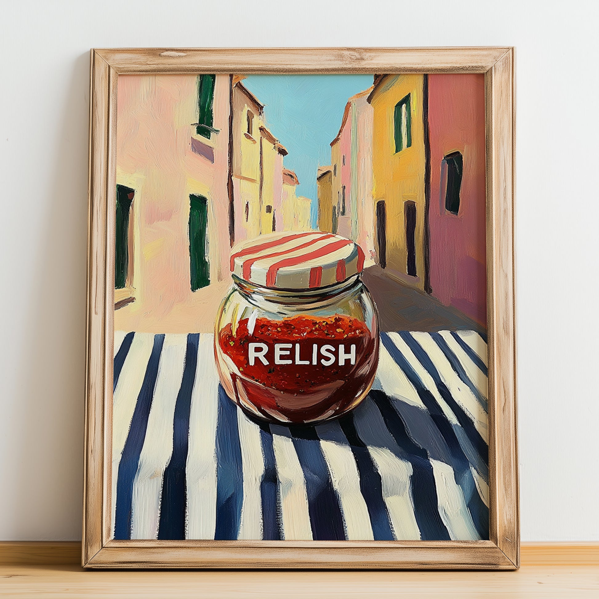 Relish – Italian Outdoor Café Scene, Grocery Still Life, no-text version framed in wood