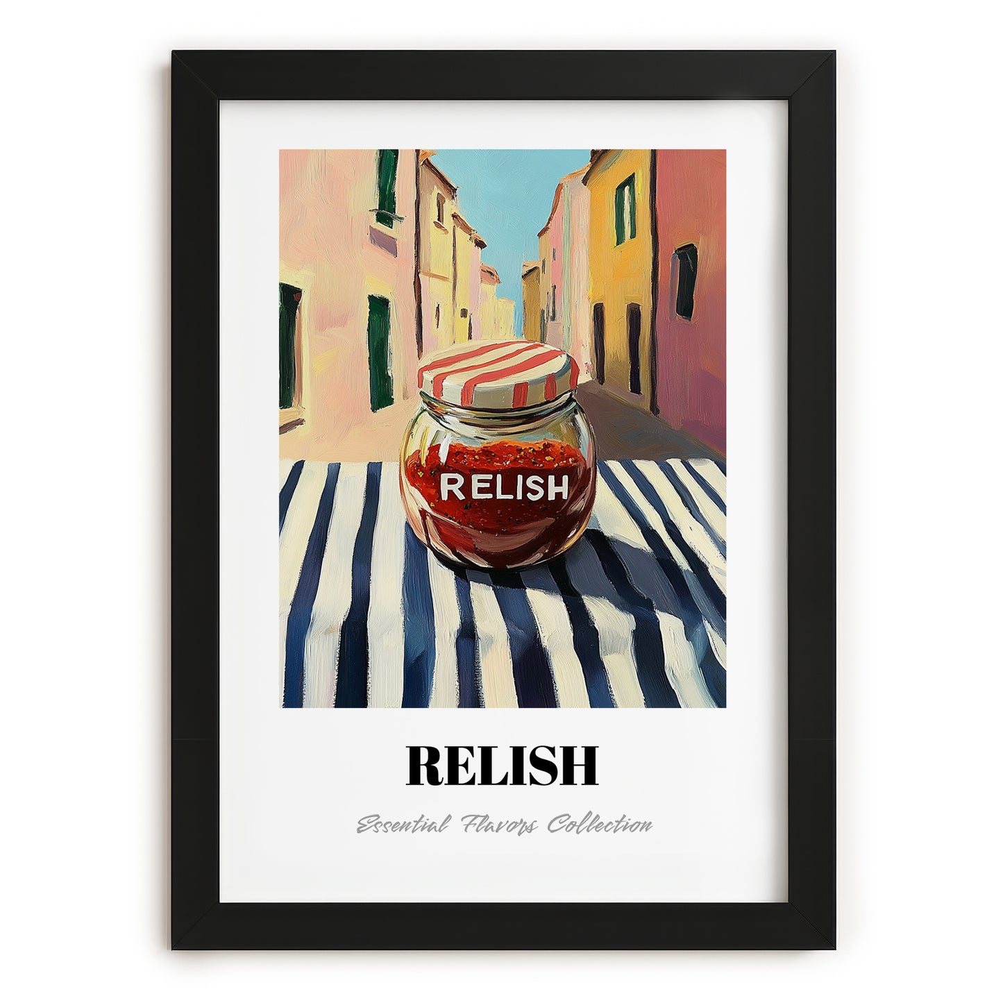 Relish – Italian Outdoor Café Scene, Grocery Still Life, in sleek black frame
