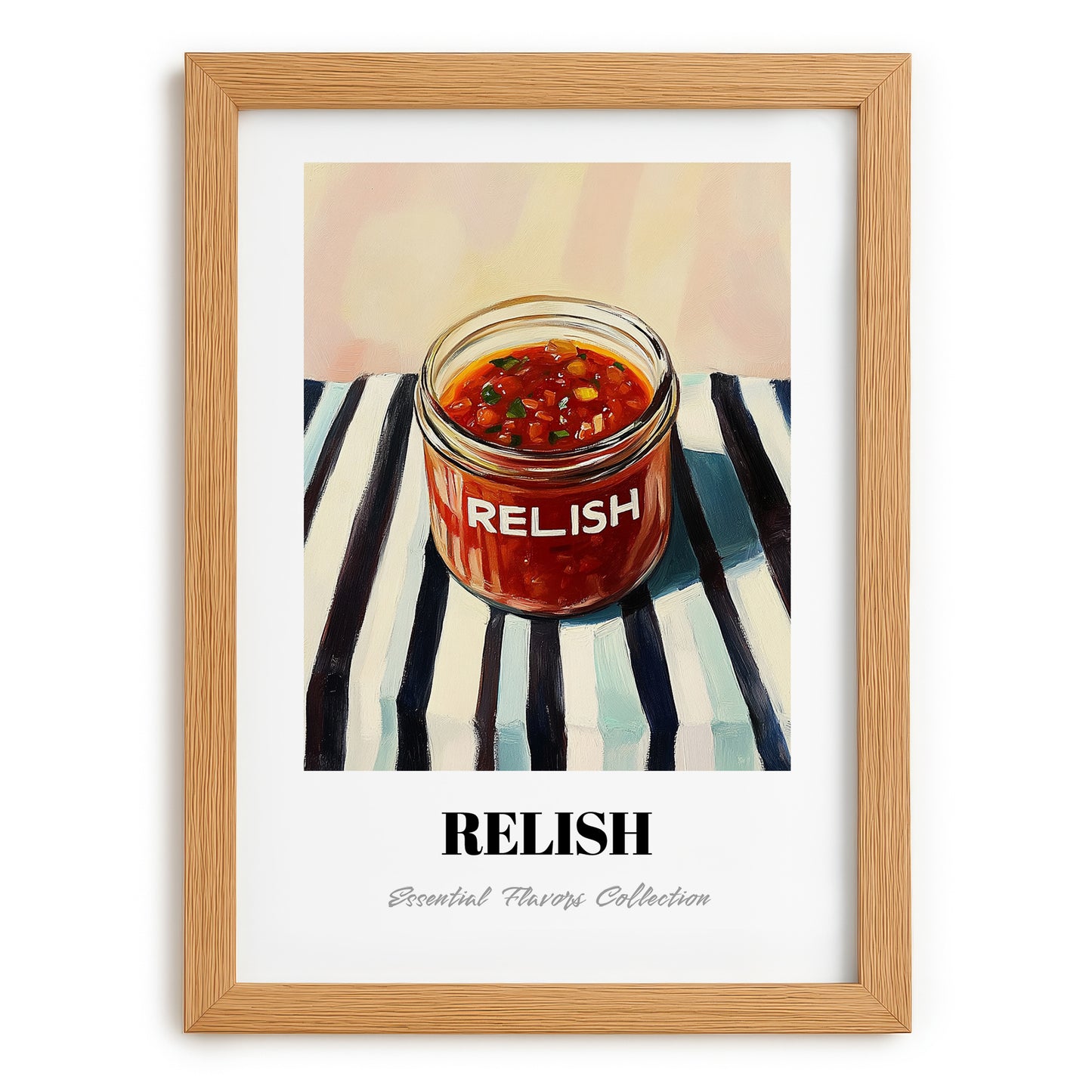 Relish – on Striped Tablecloth, Dry Goods Illustration, set in oak frame