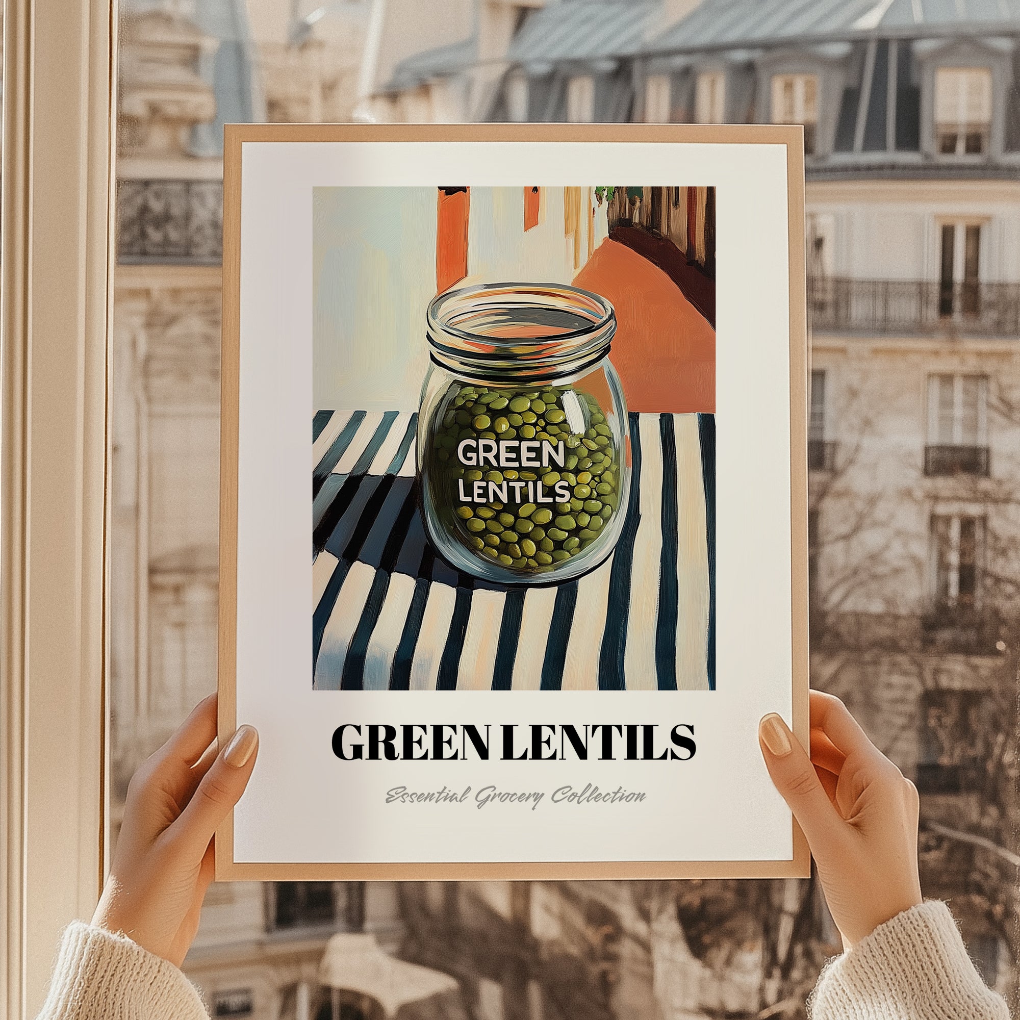 Green Lentils – Italian Café on the Corner, Kitchen Storage Illustration, styled in a charming Paris street view