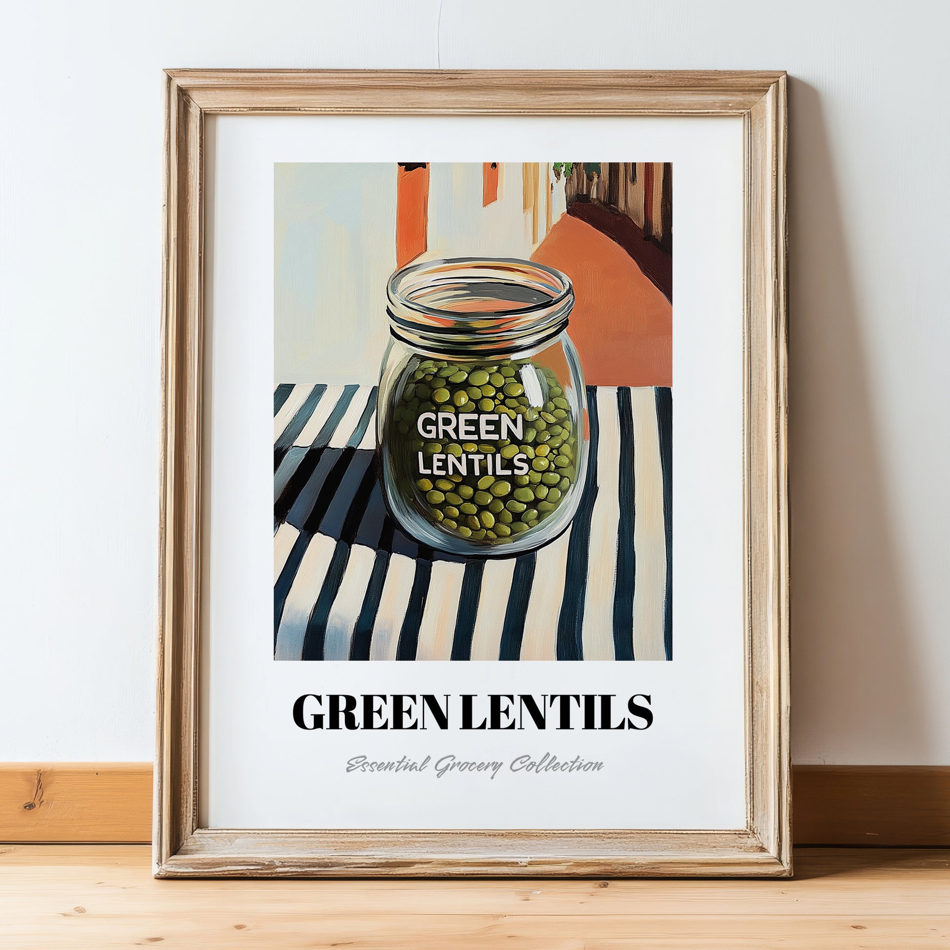 Green Lentils – Italian Café on the Corner, Kitchen Storage Illustration, in wooden frame leaning on the floor