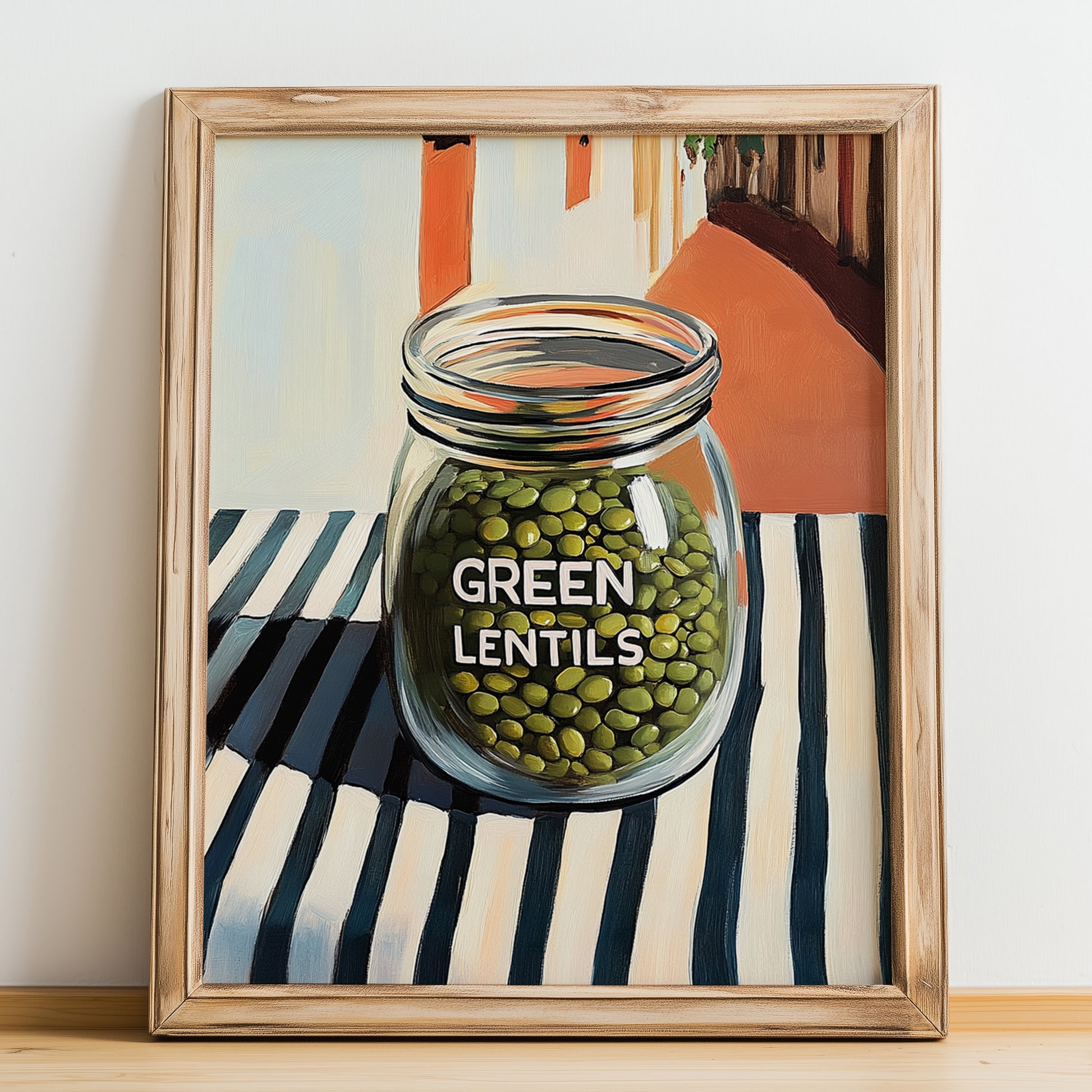 Green Lentils – Italian Café on the Corner, Kitchen Storage Illustration, no-text version framed in wood