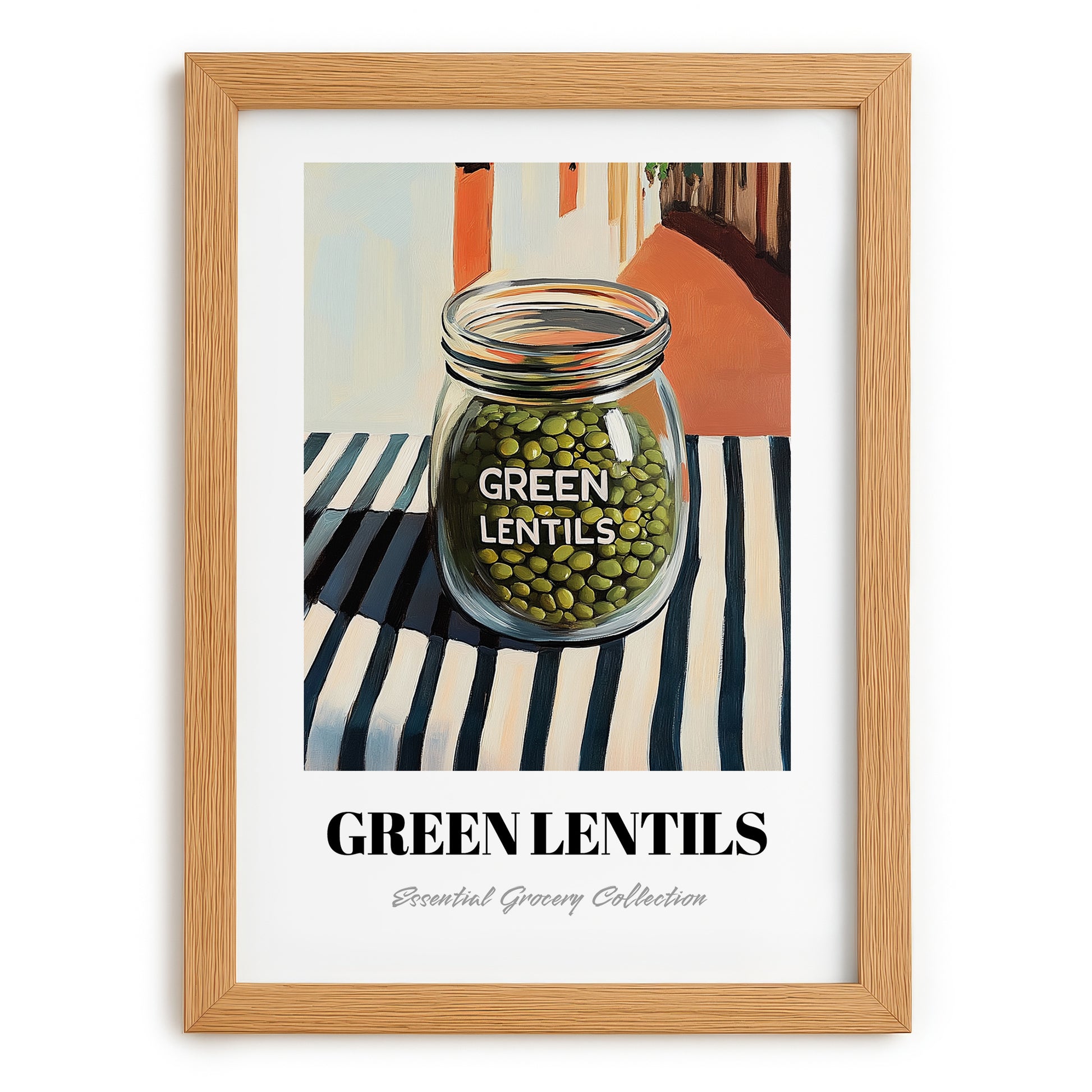 Green Lentils – Italian Café on the Corner, Kitchen Storage Illustration, set in oak frame