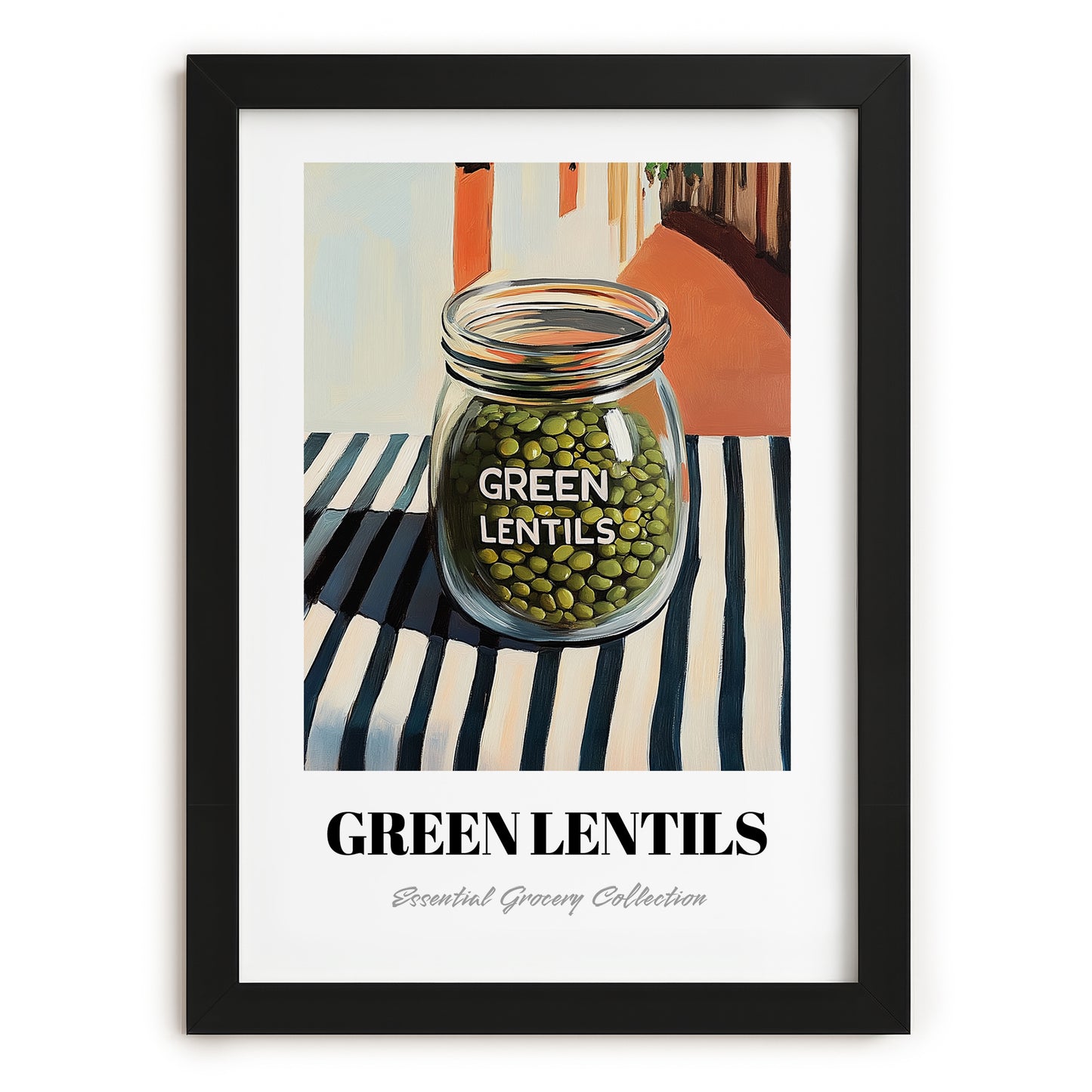 Green Lentils – Italian Café on the Corner, Kitchen Storage Illustration, in sleek black frame