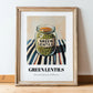 Green Lentils – on Striped Tablecloth, Pantry Wall Decor, in wooden frame leaning on the floor