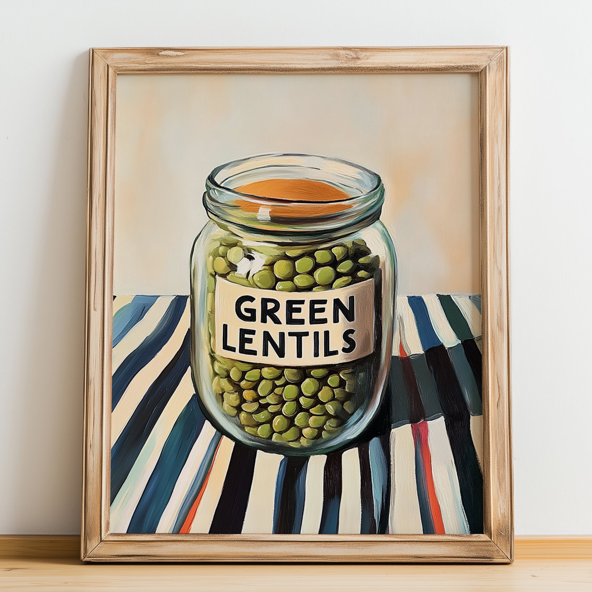 Green Lentils – on Striped Tablecloth, Pantry Wall Decor, no-text version framed in wood