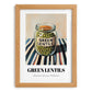 Green Lentils – on Striped Tablecloth, Pantry Wall Decor, set in oak frame