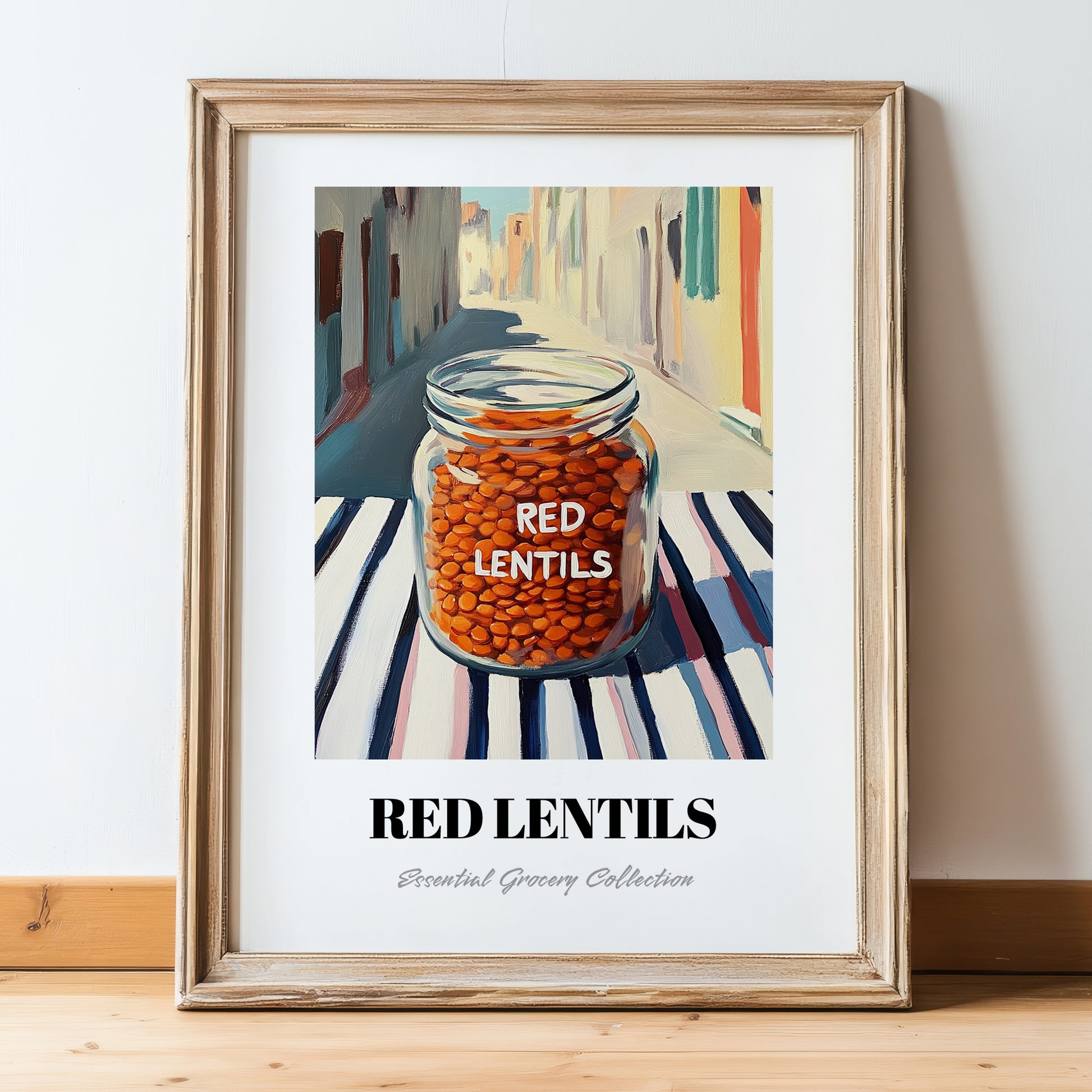 Red Lentils – Italian Café on the Corner, Larder Still Life, in wooden frame leaning on the floor