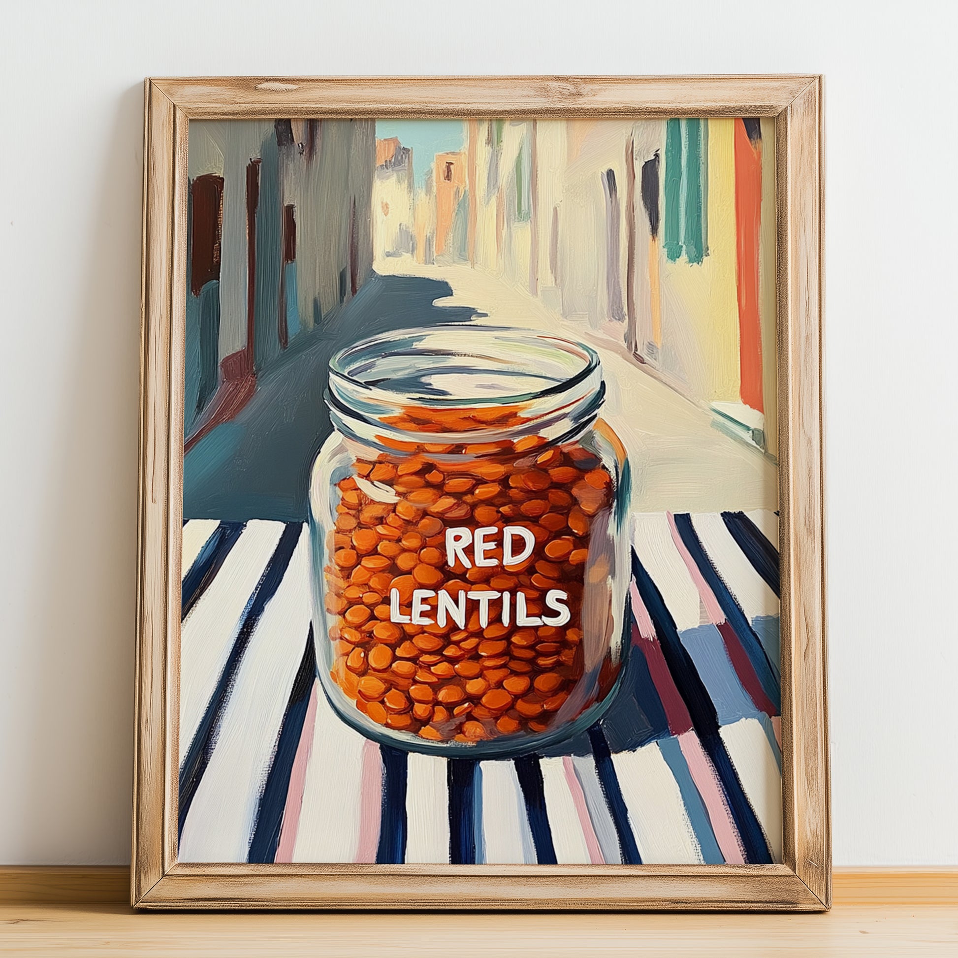 Red Lentils – Italian Café on the Corner, Larder Still Life, no-text version framed in wood