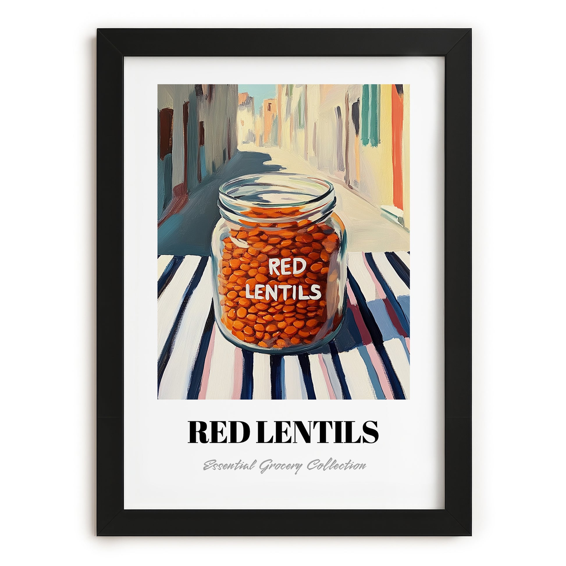 Red Lentils – Italian Café on the Corner, Larder Still Life, in sleek black frame