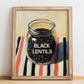 Black Lentils – on Striped Tablecloth, Food Stash Illustration, no-text version framed in wood