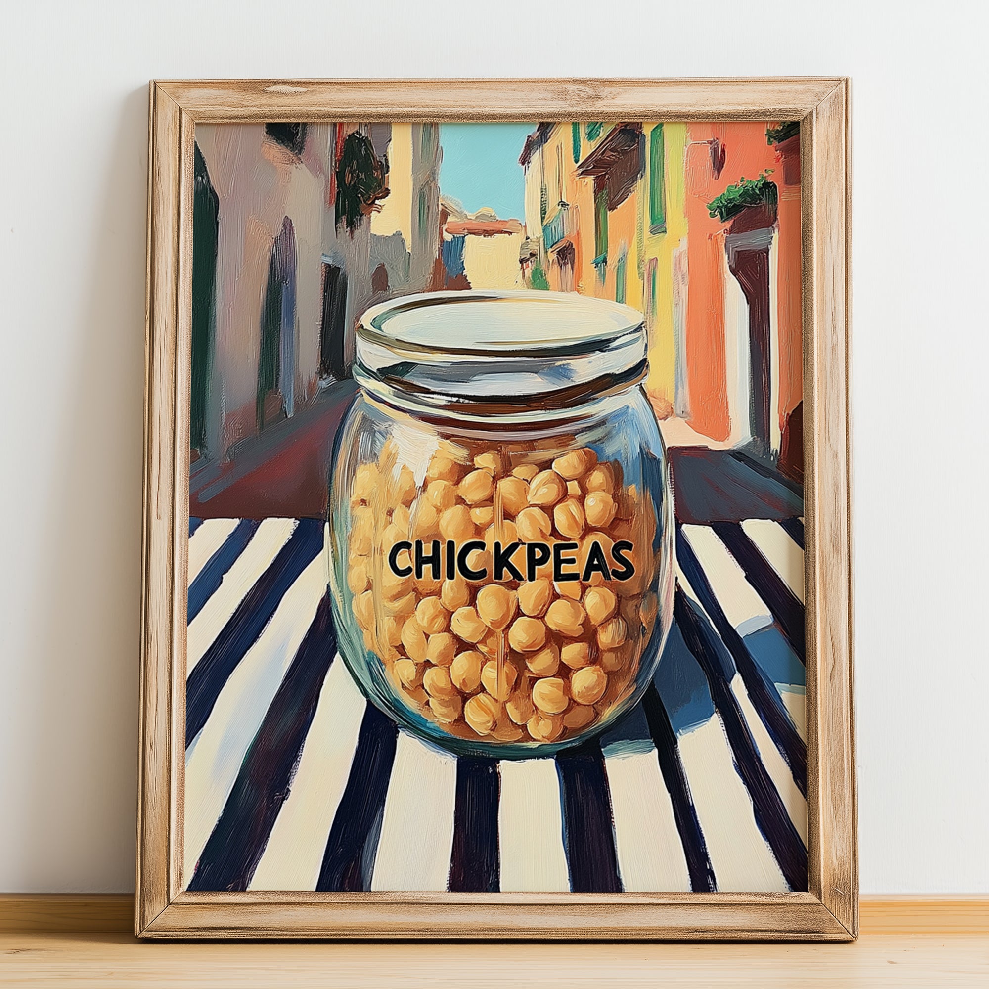 Chickpeas – Italian Outdoor Café Scene, Food Shelf Art, no-text version framed in wood