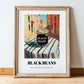 Black Beans – Italian Outdoor Café Scene, Grocery Illustration, in wooden frame leaning on the floor