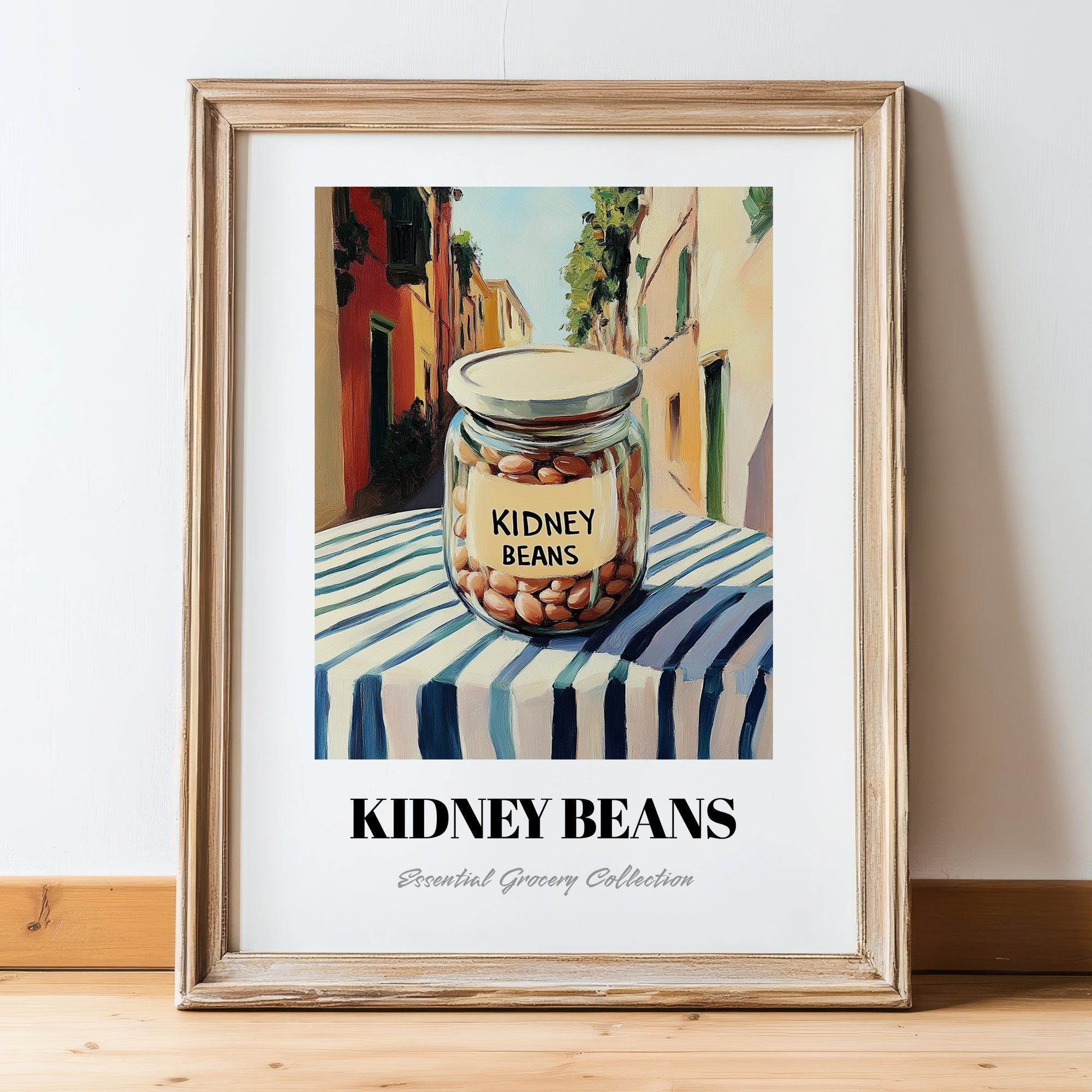 Kidney Beans – Italian Outdoor Café Scene, Food Stash Print, in wooden frame leaning on the floor