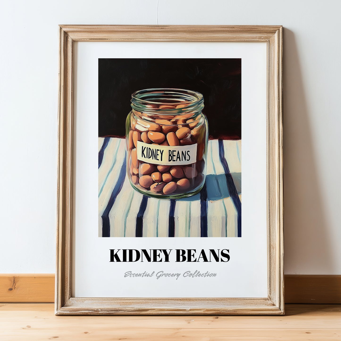 Kidney Beans – on Striped Tablecloth, Shelf Stock Poster, in wooden frame leaning on the floor