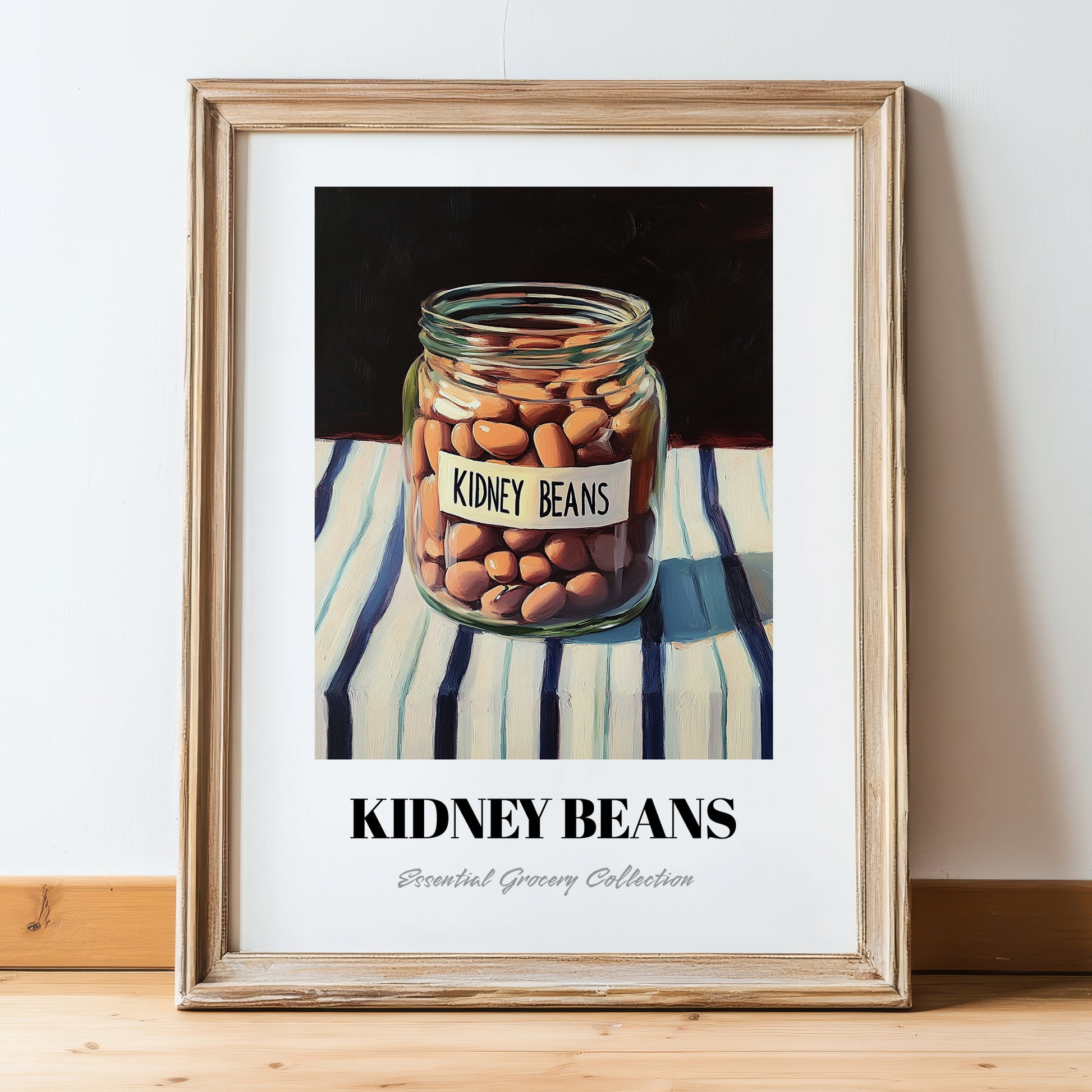 Kidney Beans – on Striped Tablecloth, Shelf Stock Poster, in wooden frame leaning on the floor