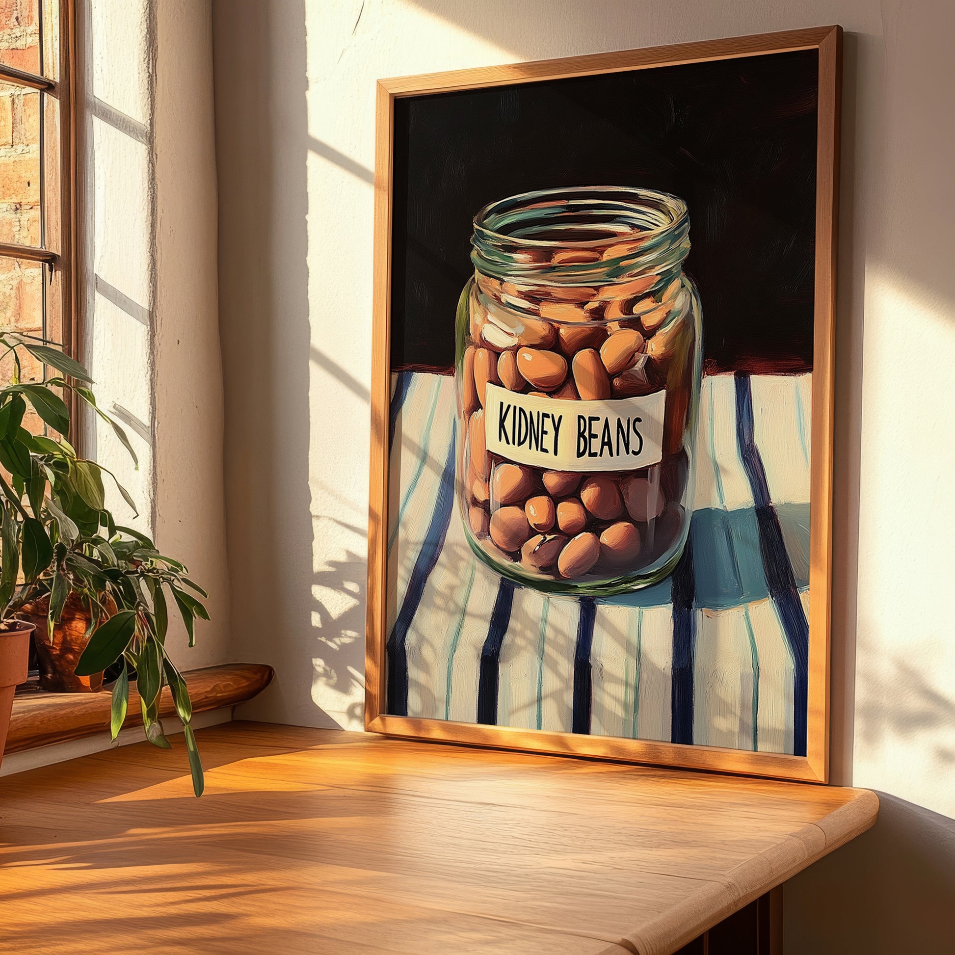 Kidney Beans – on Striped Tablecloth, Shelf Stock Poster, clean layout with no caption