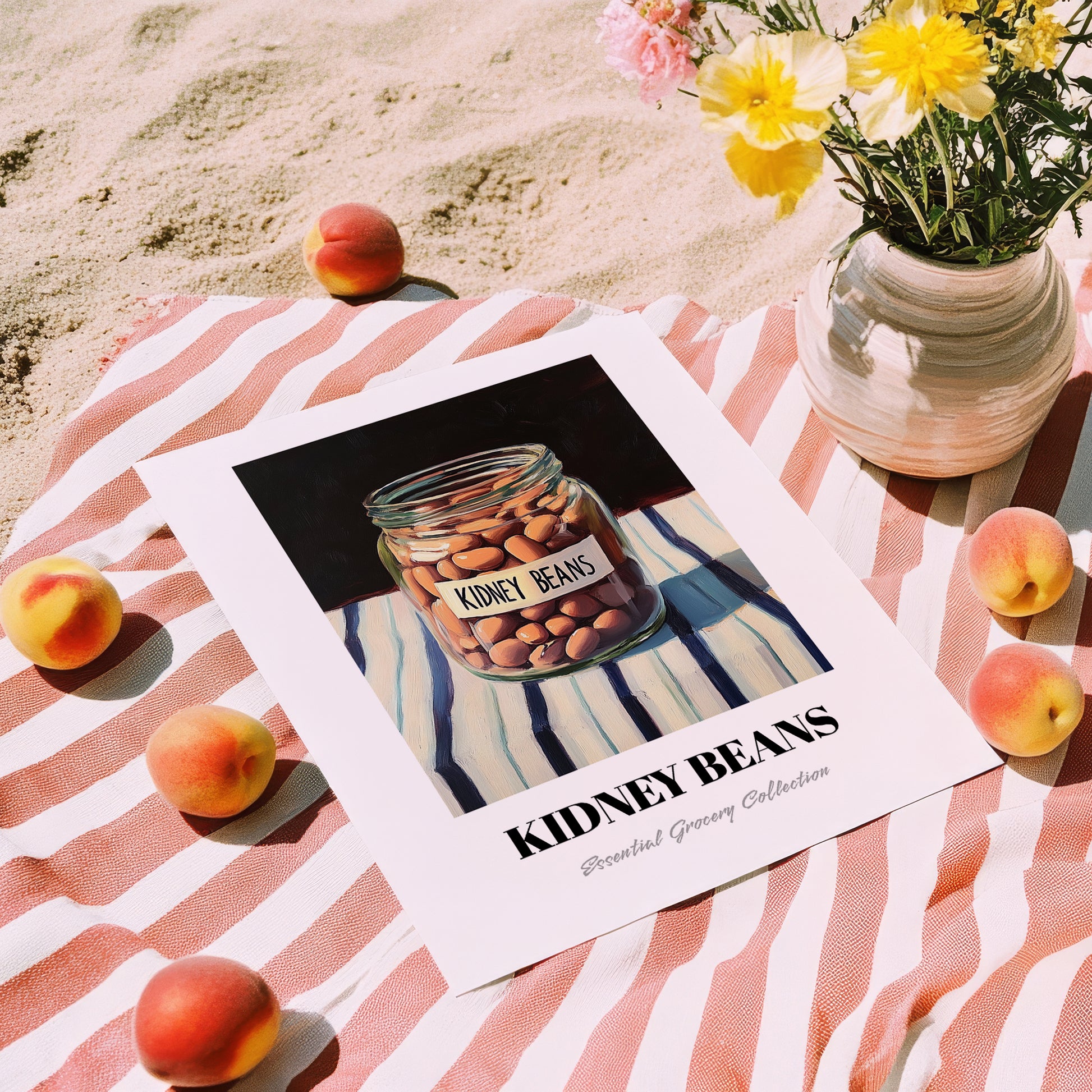 Kidney Beans – on Striped Tablecloth, Shelf Stock Poster, unframed on coastal sand