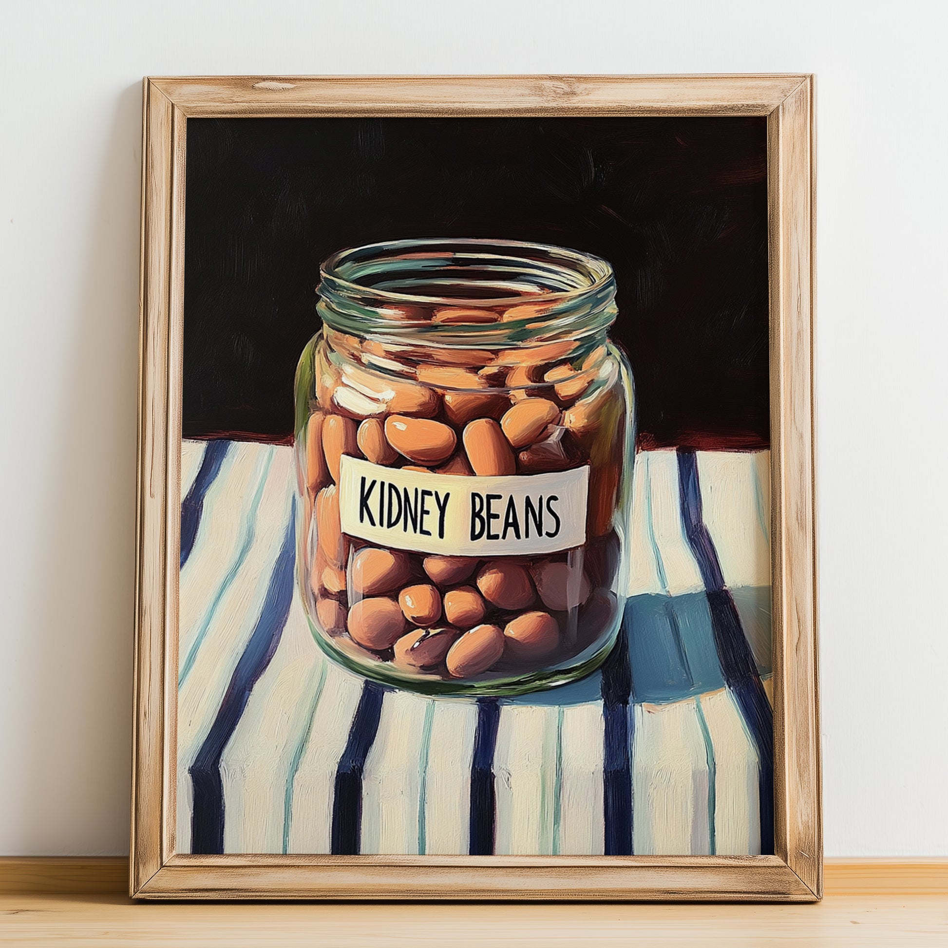 Kidney Beans – on Striped Tablecloth, Shelf Stock Poster, no-text version framed in wood
