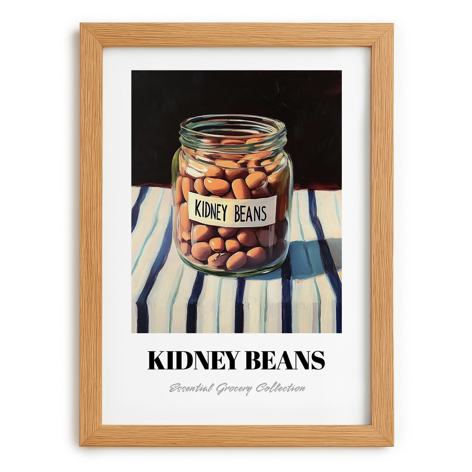 Kidney Beans – on Striped Tablecloth, Shelf Stock Poster, set in oak frame