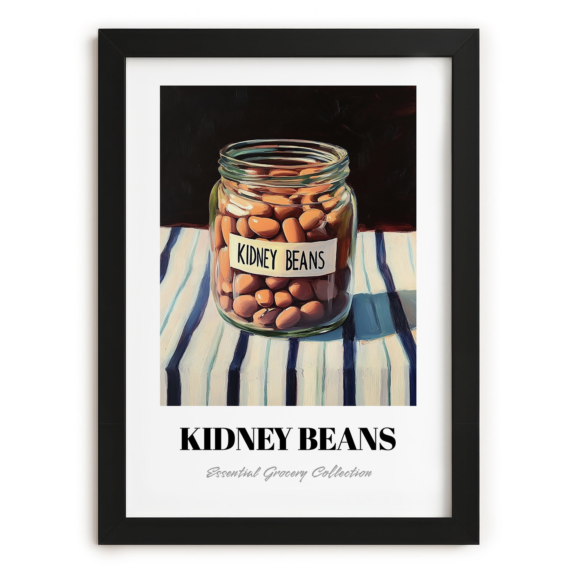 Kidney Beans – on Striped Tablecloth, Shelf Stock Poster, in sleek black frame