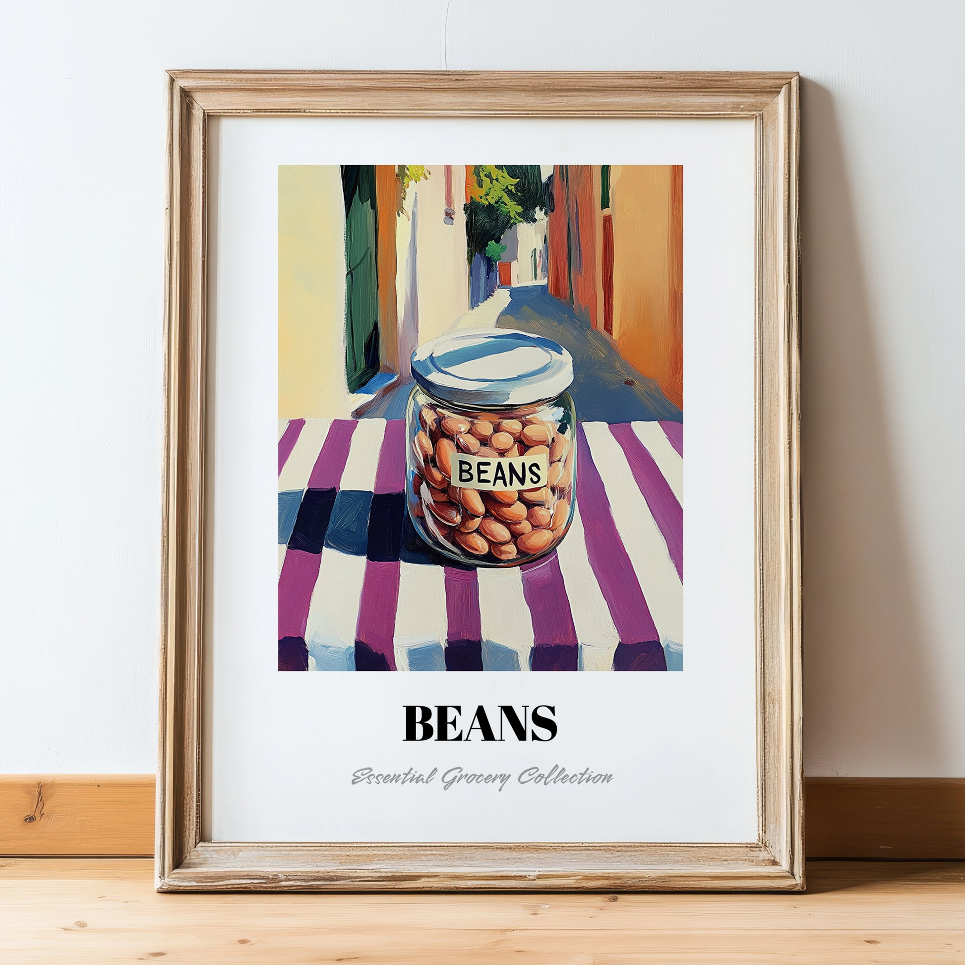 Beans – Italian Café on the Corner, Food Shelf Wall Illustration, in wooden frame leaning on the floor
