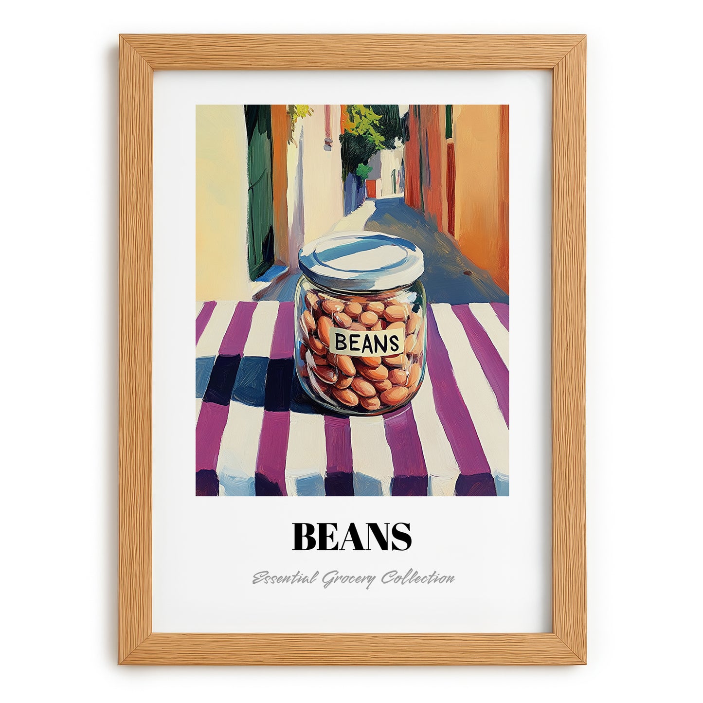 Beans – Italian Café on the Corner, Food Shelf Wall Illustration, set in oak frame