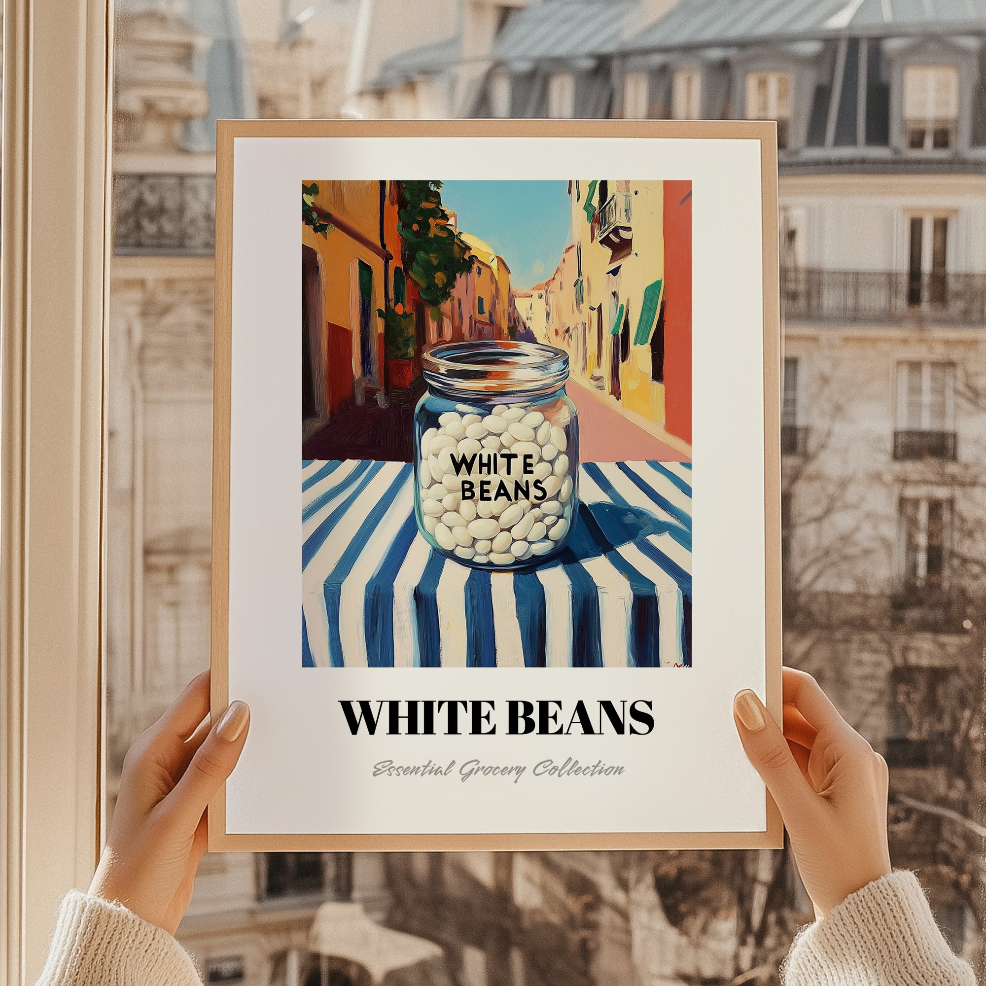 White Beans – Italian Outdoor Café Scene, Food Shelf Wall Decor, styled in a charming Paris street view
