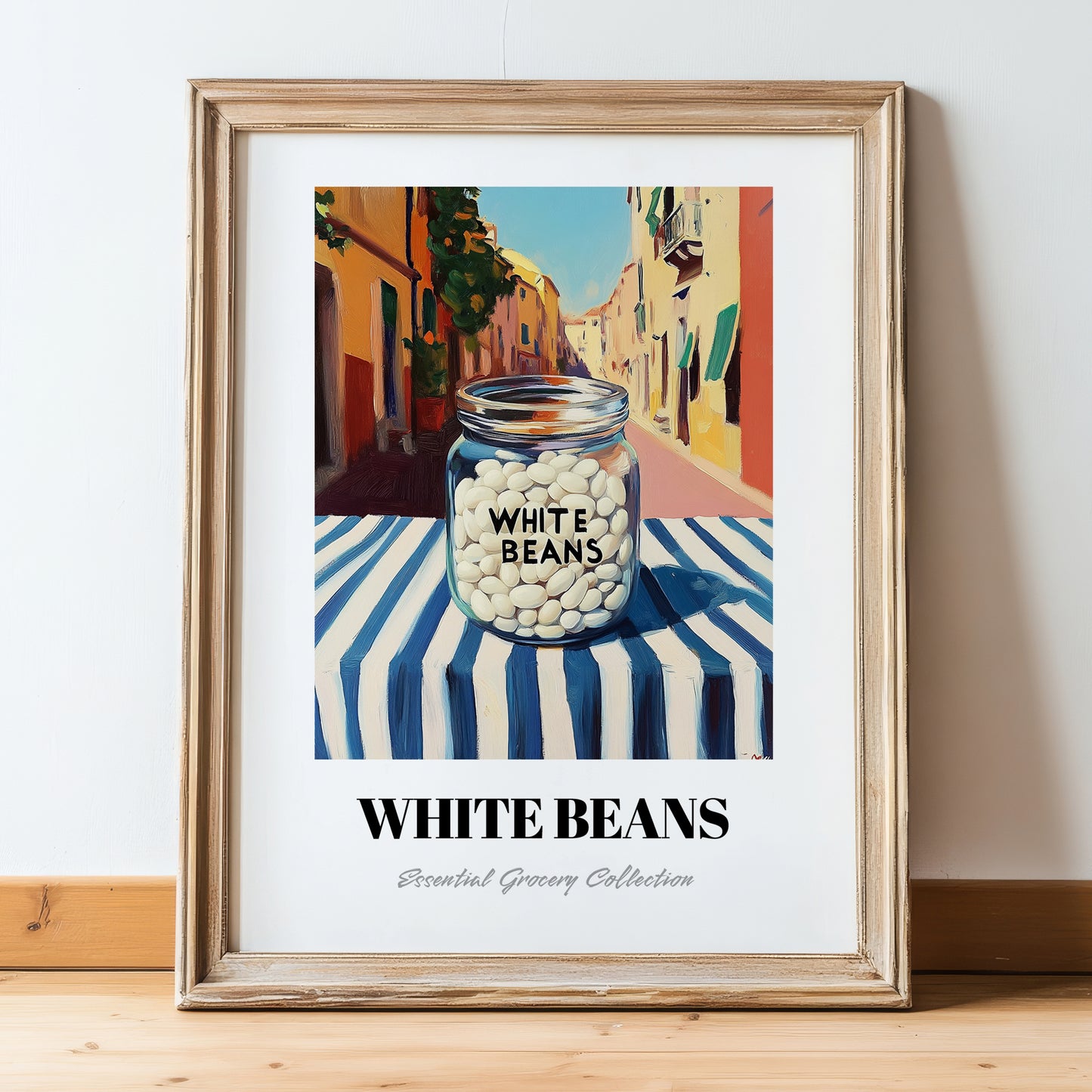 White Beans – Italian Outdoor Café Scene, Food Shelf Wall Decor, in wooden frame leaning on the floor