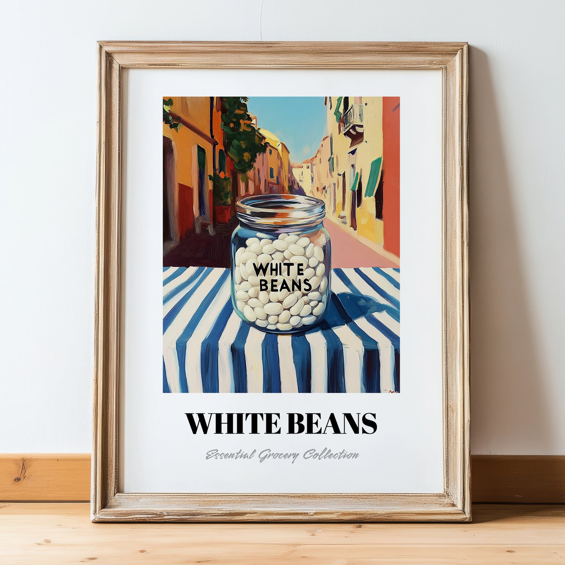 White Beans – Italian Outdoor Café Scene, Food Shelf Wall Decor, in wooden frame leaning on the floor