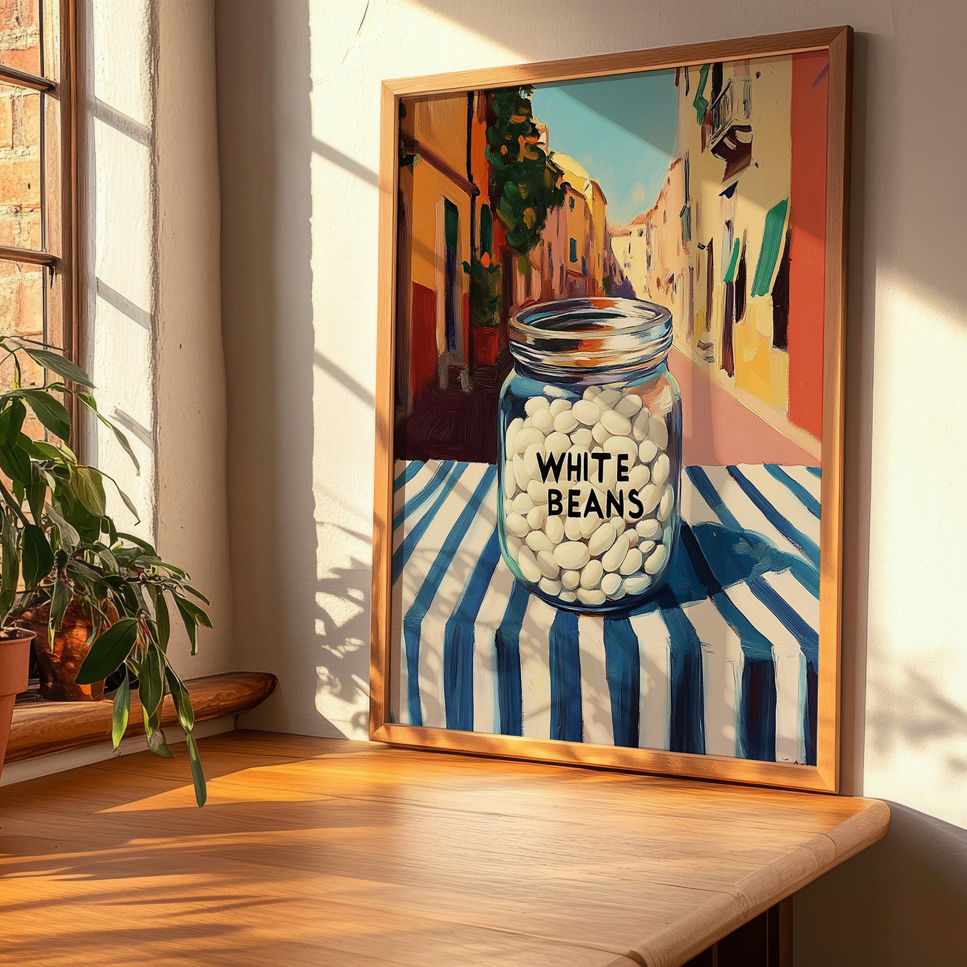 White Beans – Italian Outdoor Café Scene, Food Shelf Wall Decor, clean layout with no caption