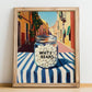 White Beans – Italian Outdoor Café Scene, Food Shelf Wall Decor, no-text version framed in wood