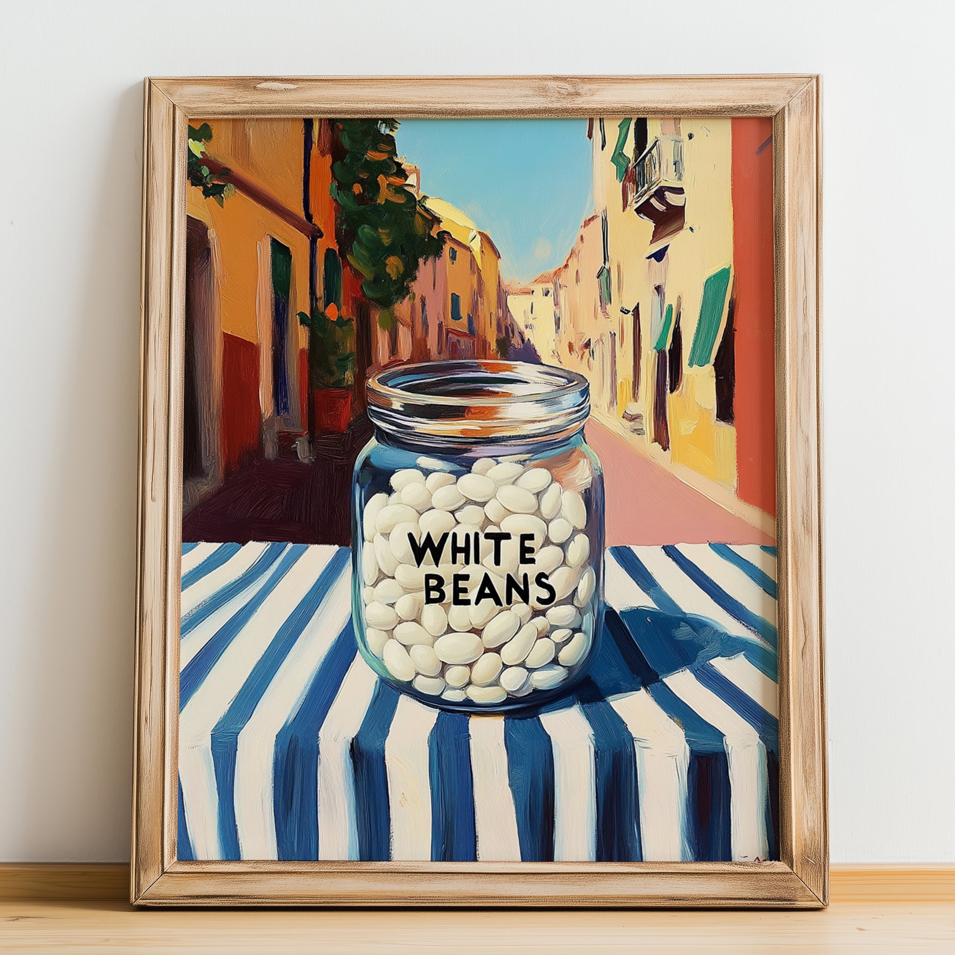 White Beans – Italian Outdoor Café Scene, Food Shelf Wall Decor, no-text version framed in wood