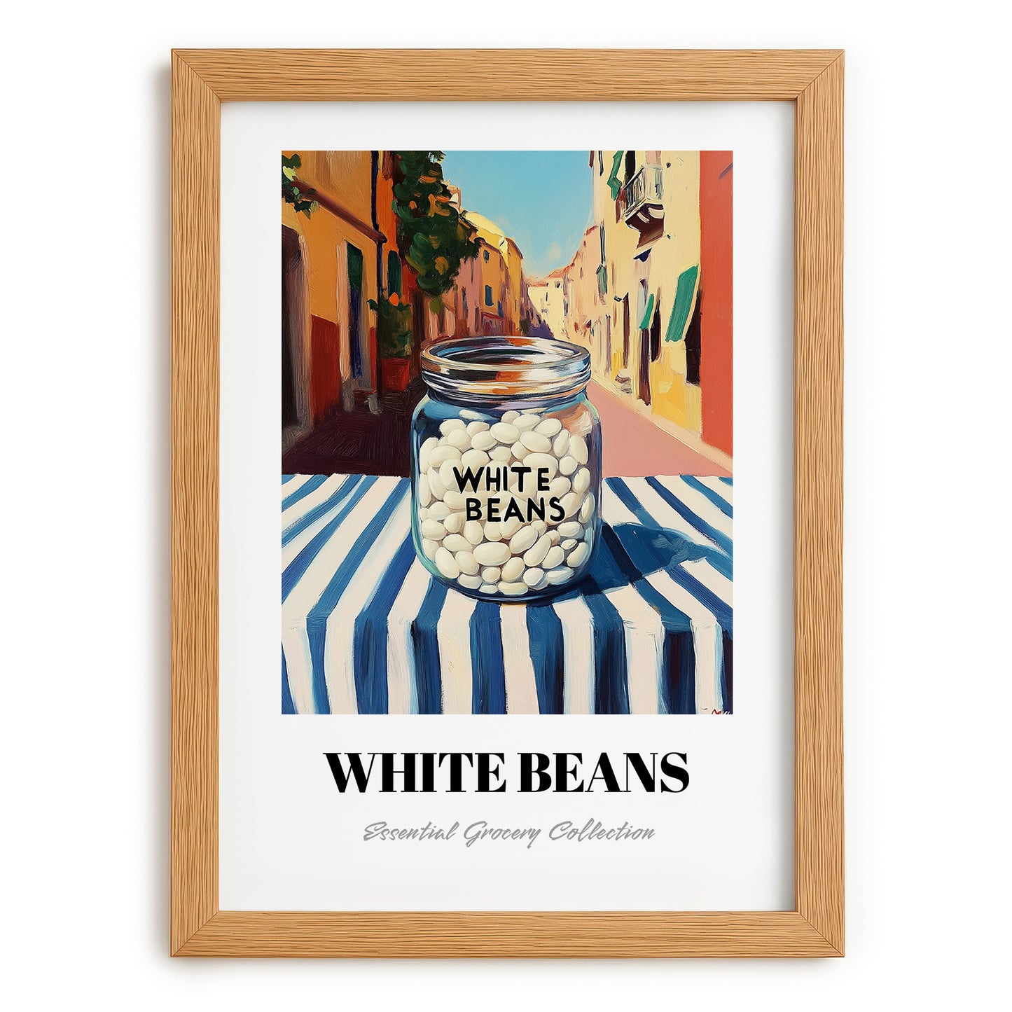 White Beans – Italian Outdoor Café Scene, Food Shelf Wall Decor, set in oak frame
