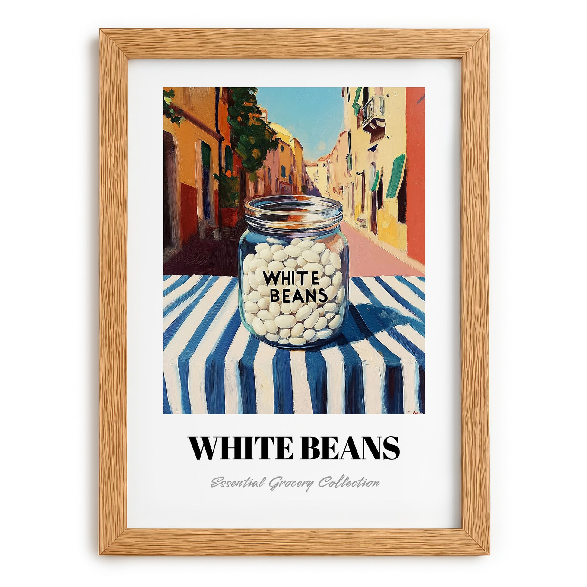 White Beans – Italian Outdoor Café Scene, Food Shelf Wall Decor, set in oak frame