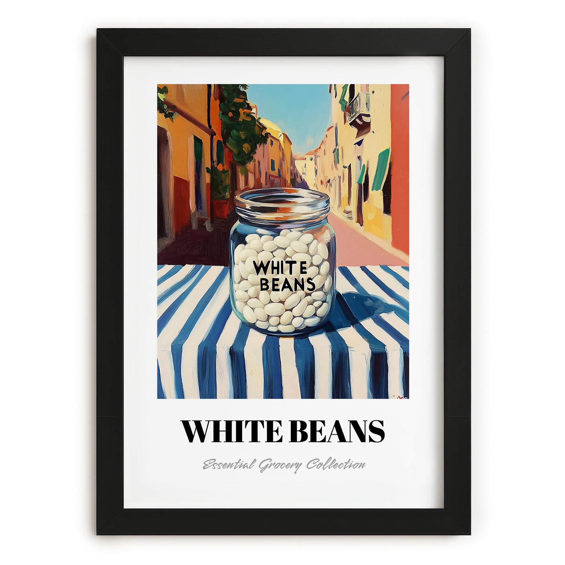 White Beans – Italian Outdoor Café Scene, Food Shelf Wall Decor, in sleek black frame