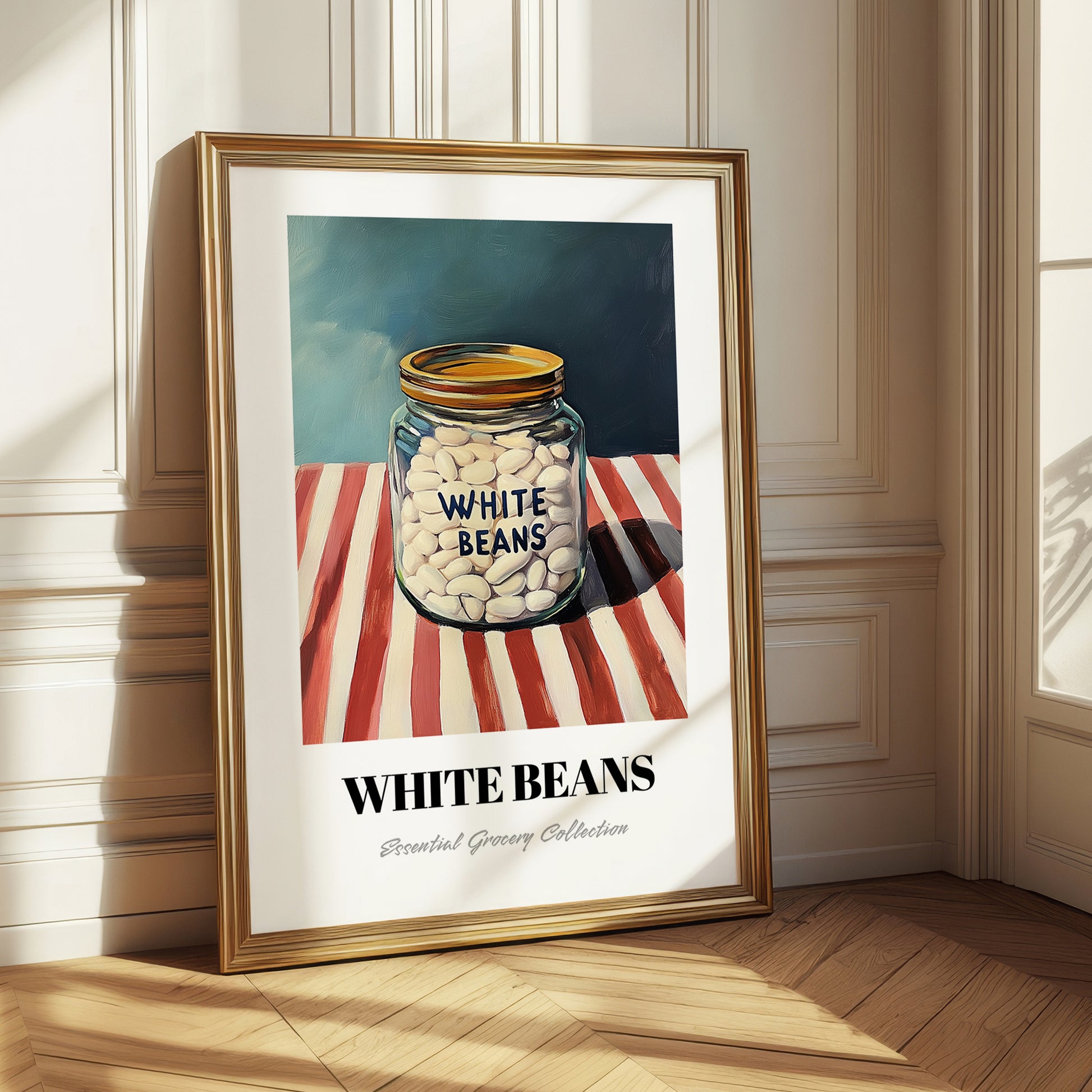White Beans – on Striped Tablecloth, Grocery Painting