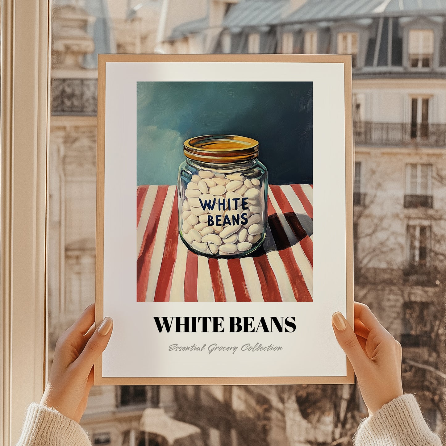 White Beans – on Striped Tablecloth, Grocery Painting, styled in a charming Paris street view