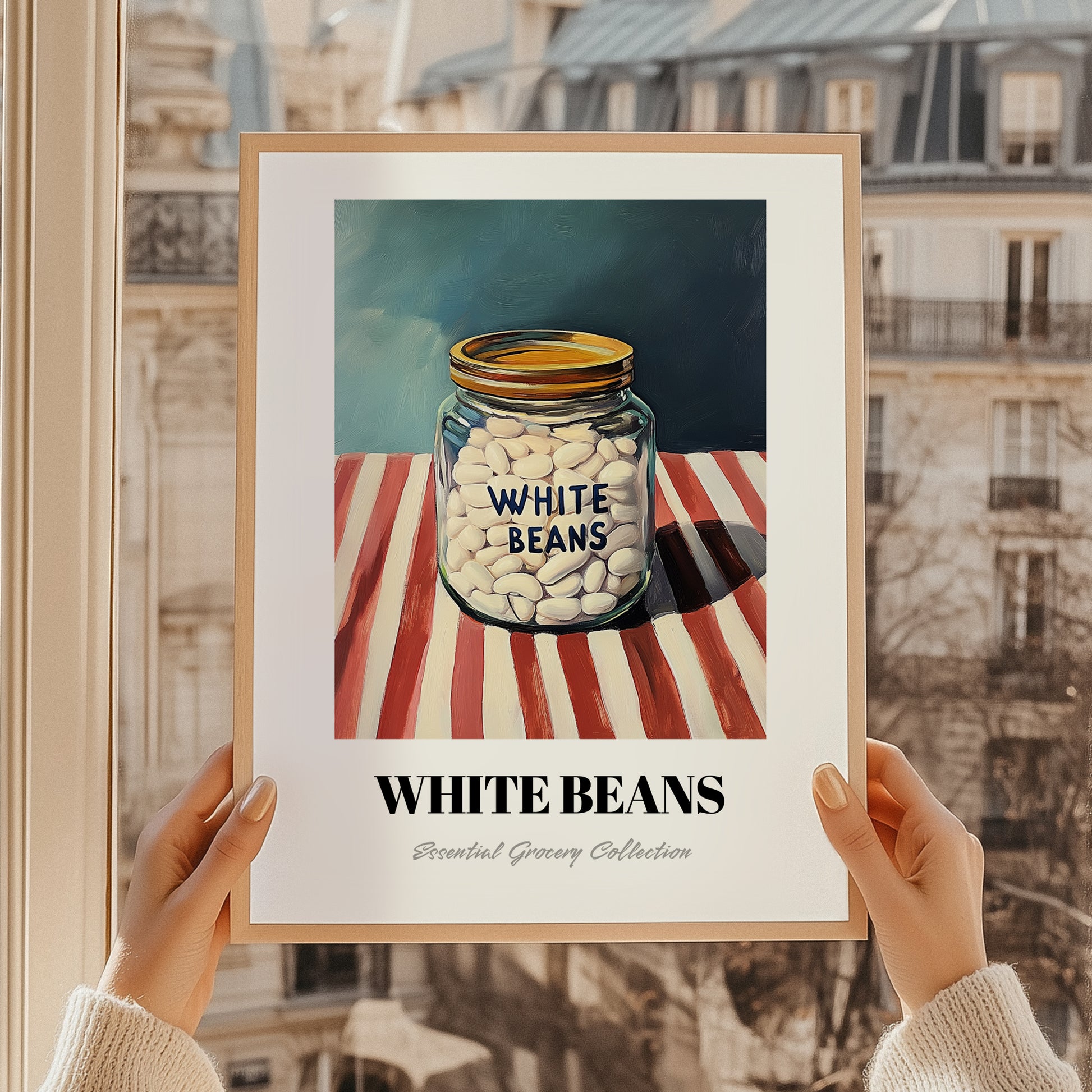 White Beans – on Striped Tablecloth, Grocery Painting, styled in a charming Paris street view
