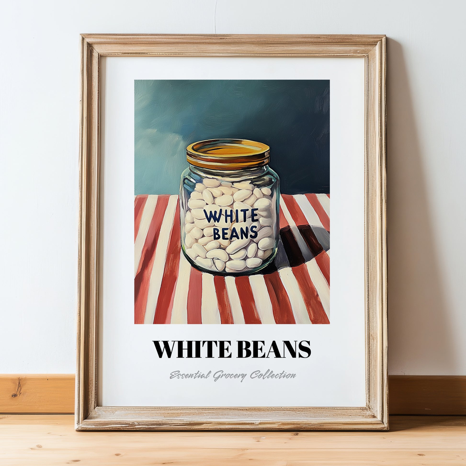 White Beans – on Striped Tablecloth, Grocery Painting, in wooden frame leaning on the floor