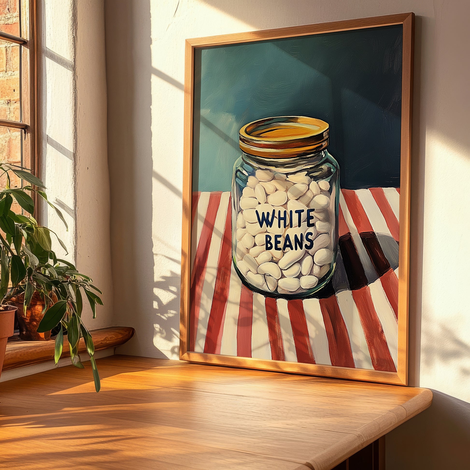White Beans – on Striped Tablecloth, Grocery Painting, clean layout with no caption